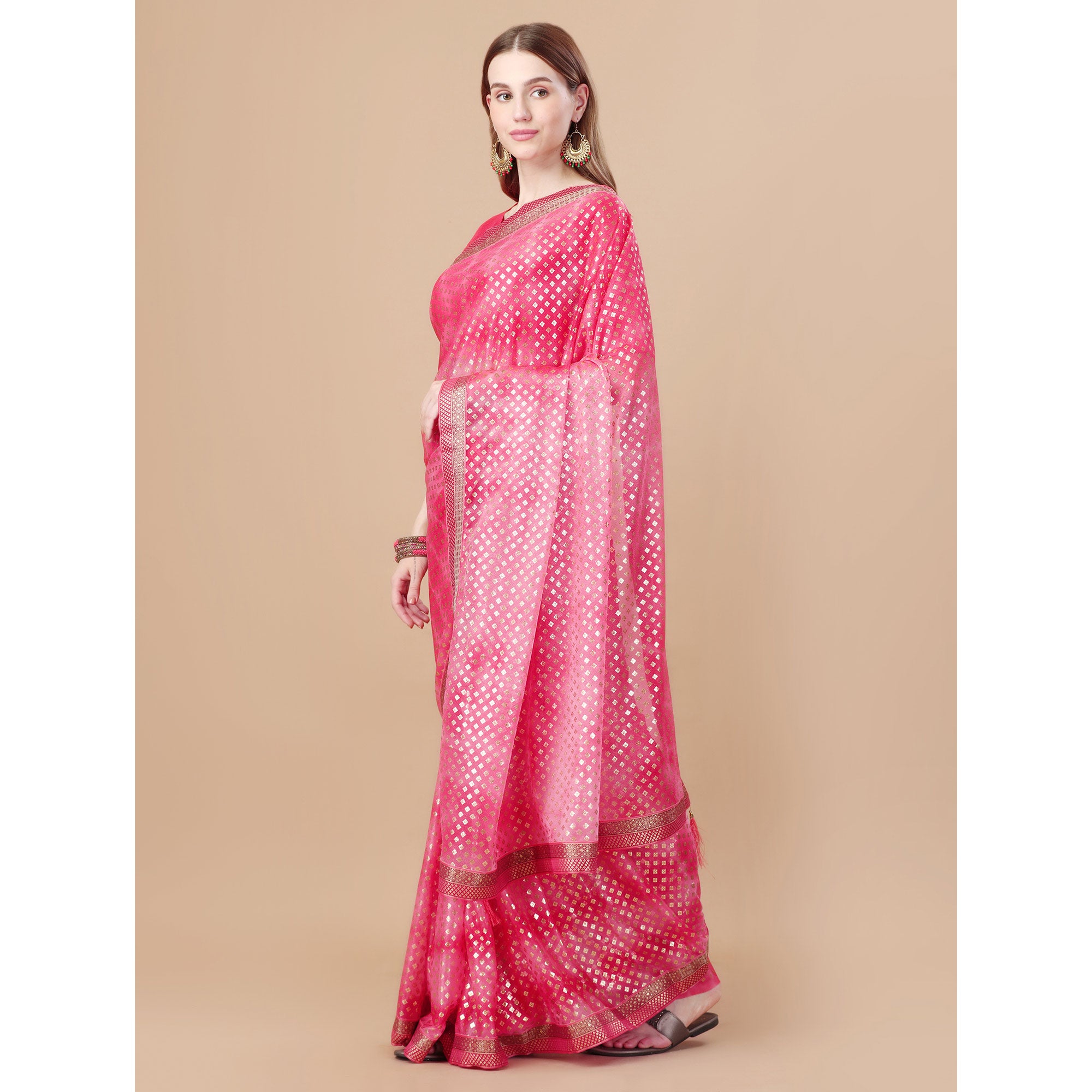 Pink Foil Printed Lycra Saree With Lace Border