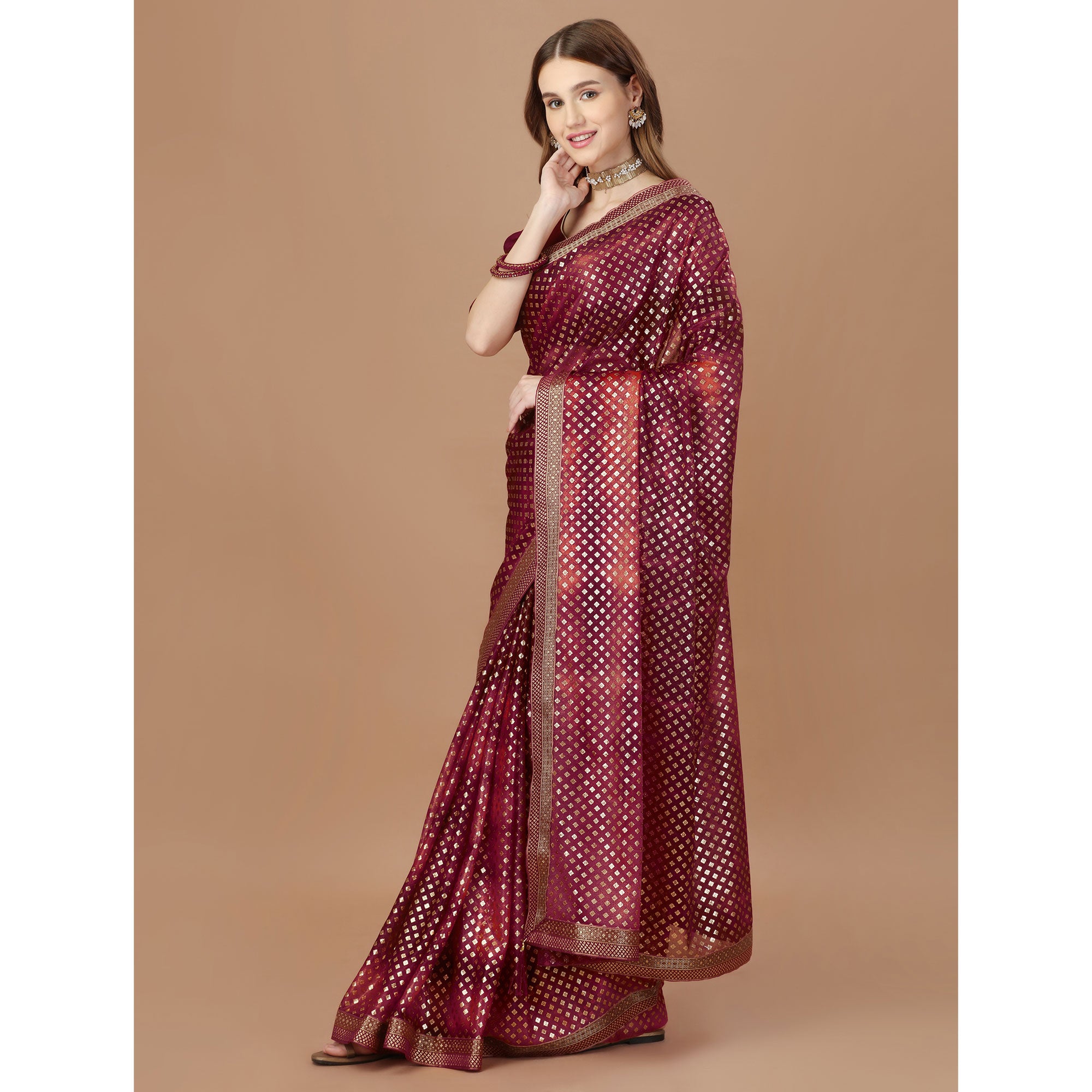 Maroon Foil Printed Lycra Saree With Lace Border