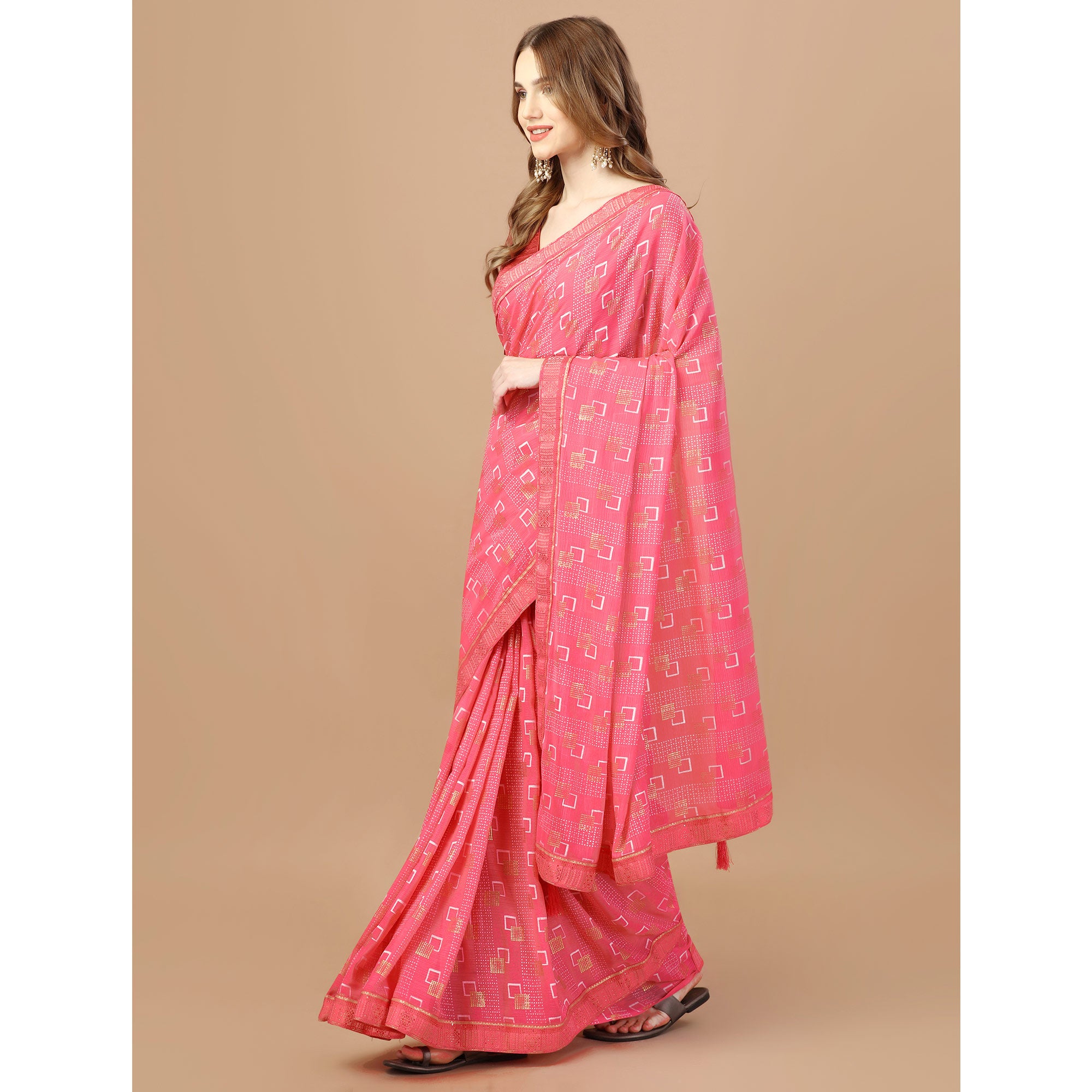 Baby Pink Foil Printed Chiffon Saree With Lace Border