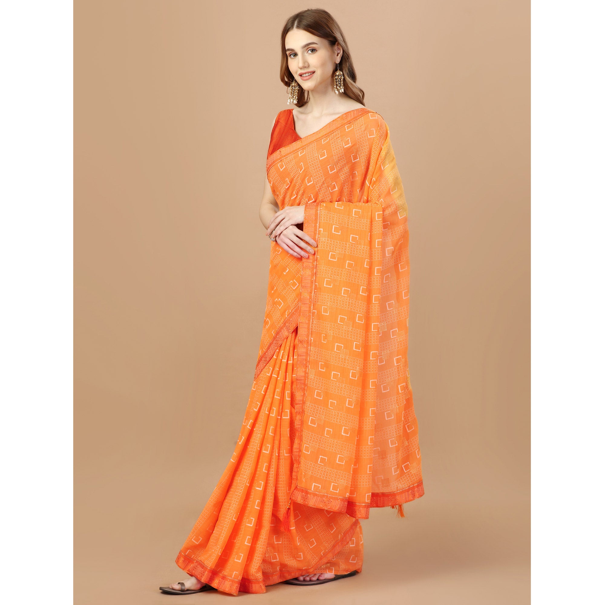 Orange Foil Printed Chiffon Saree With Lace Border