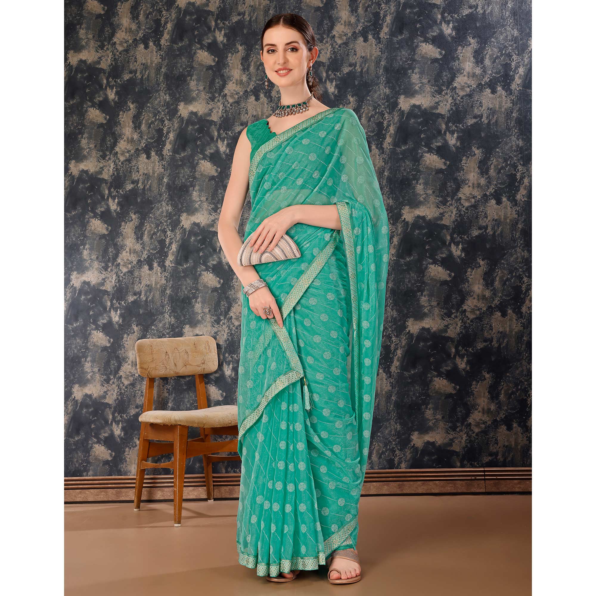 Turquoise Printed Chiffon Saree With Lace Border