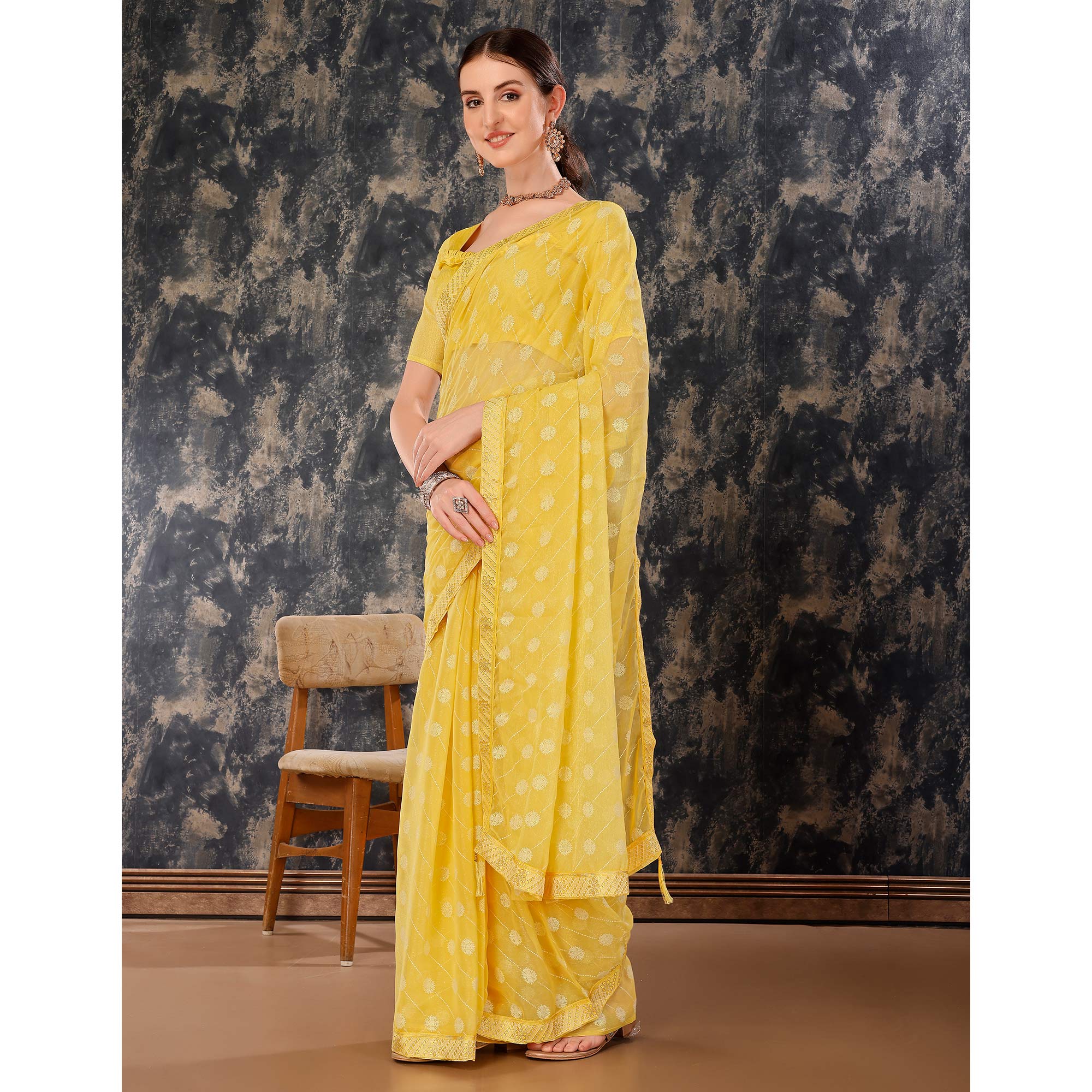 Yellow Printed Chiffon Saree With Lace Border