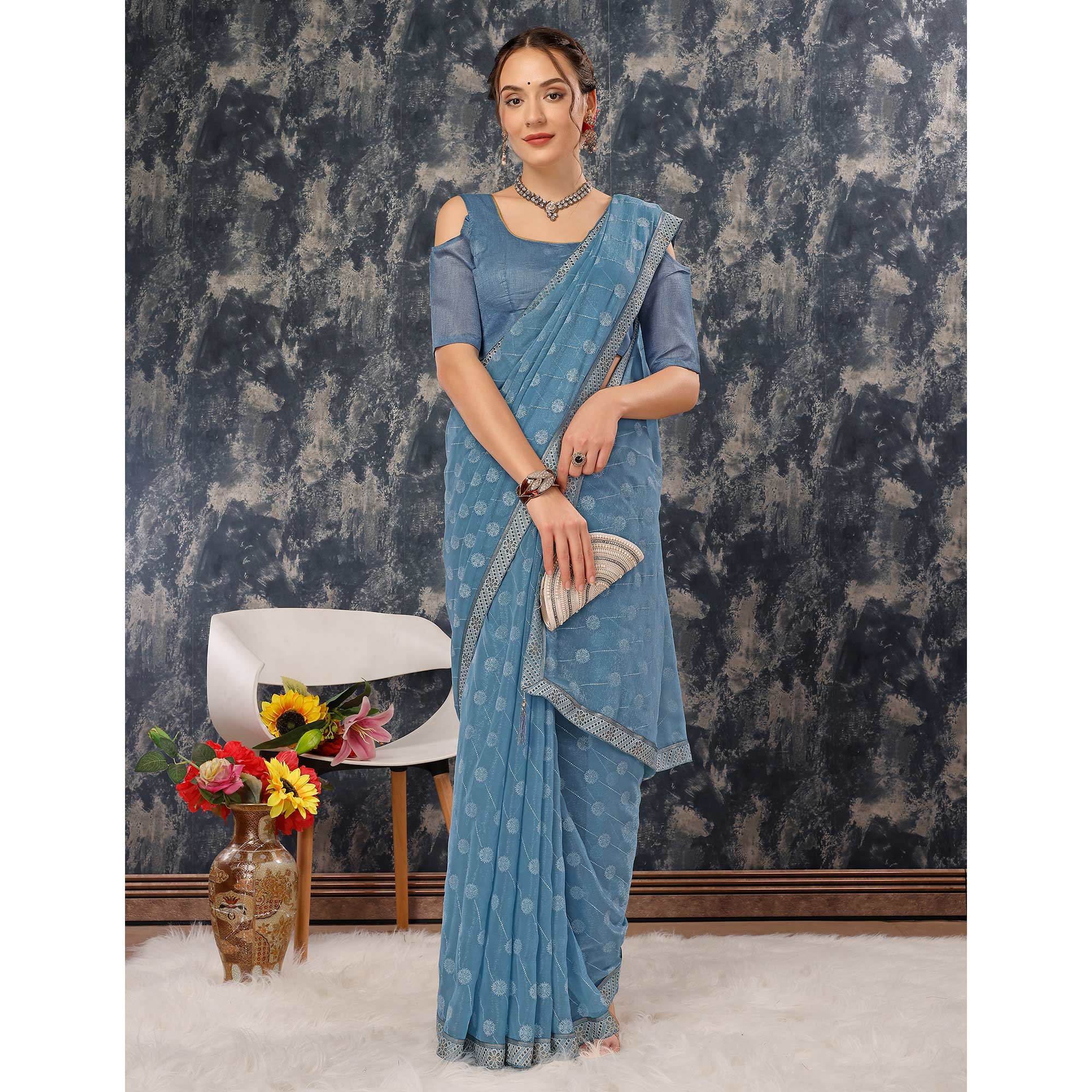 Greyish Blue Printed Chiffon Saree With Lace Border