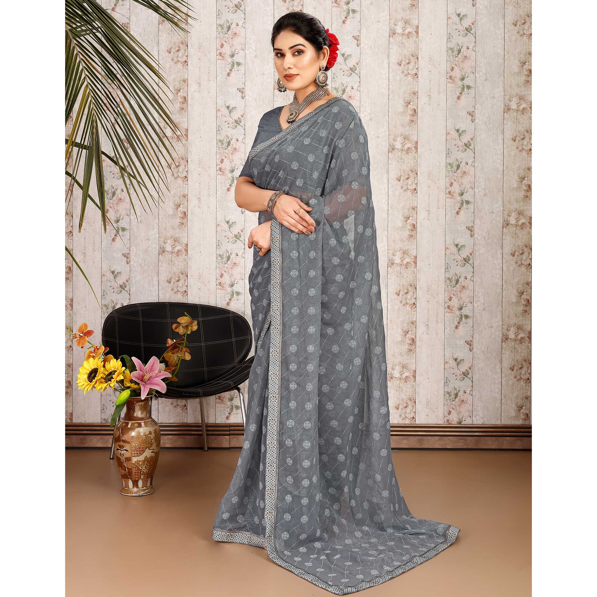 Grey Printed Chiffon Saree With Lace Border