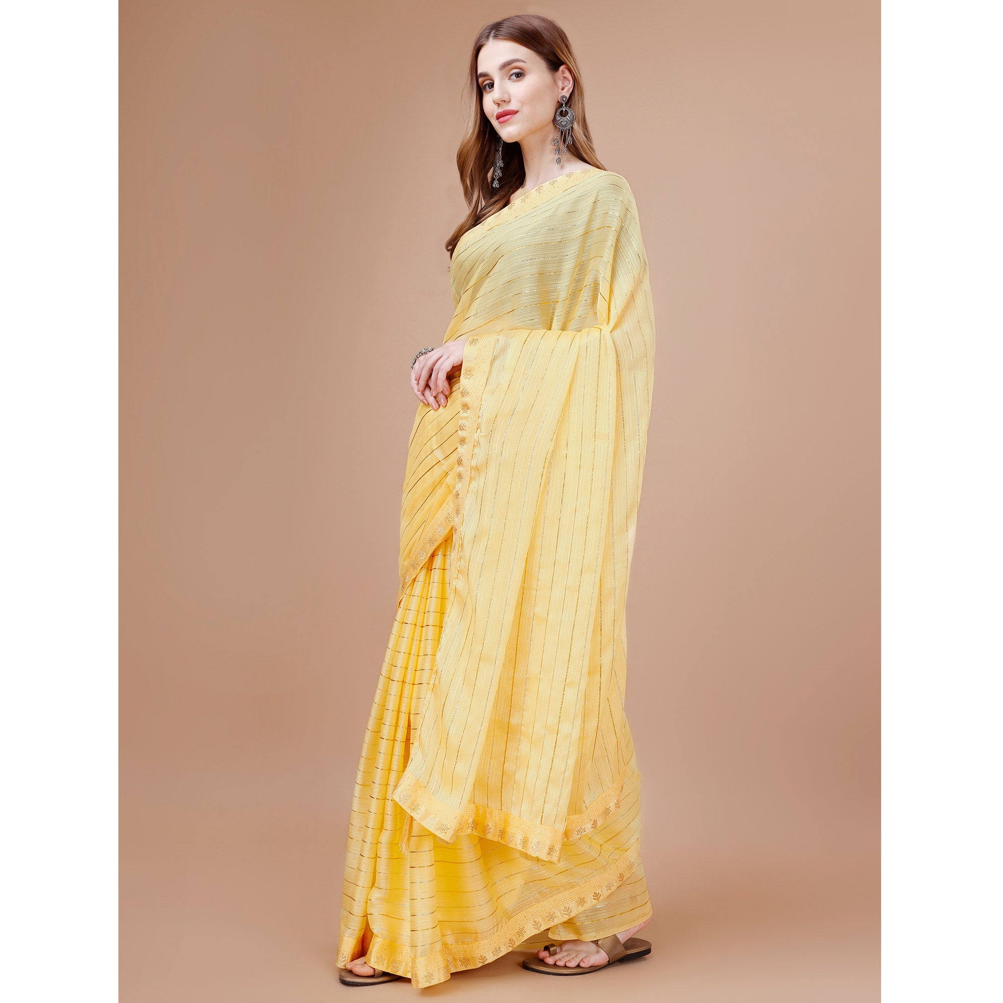 Yellow Zari Work Chiffon Saree