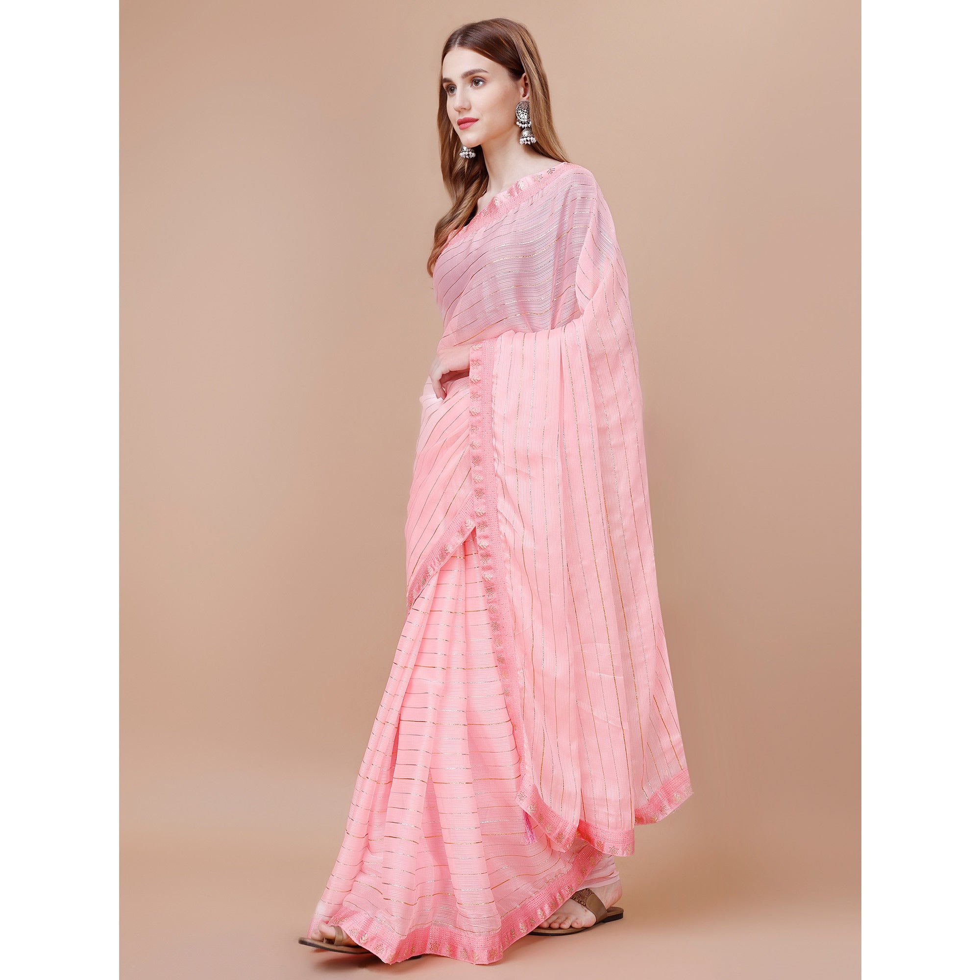 Baby Pink Zari Work Chiffon Saree