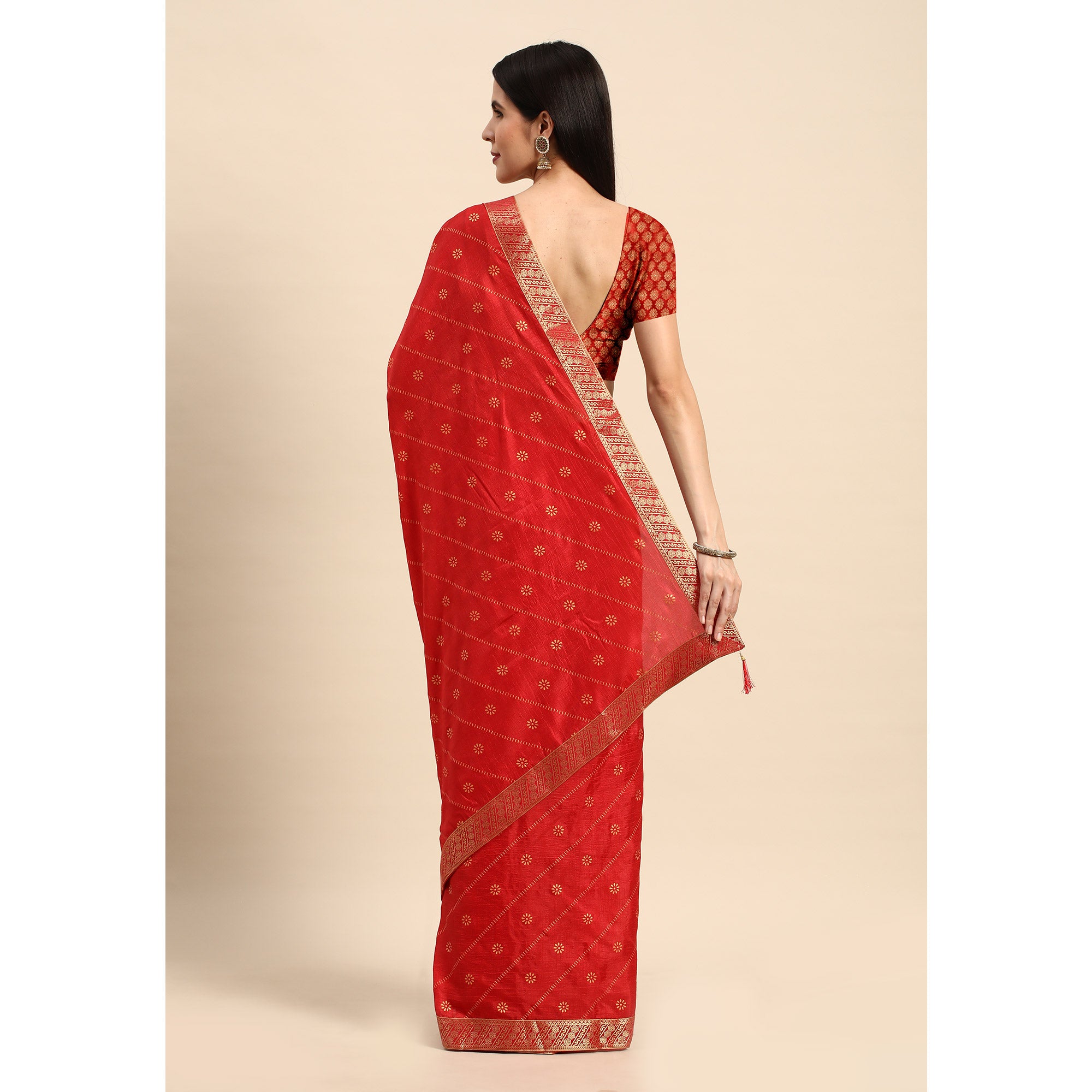 Red Floral Foil Printed Vichitra Silk Saree