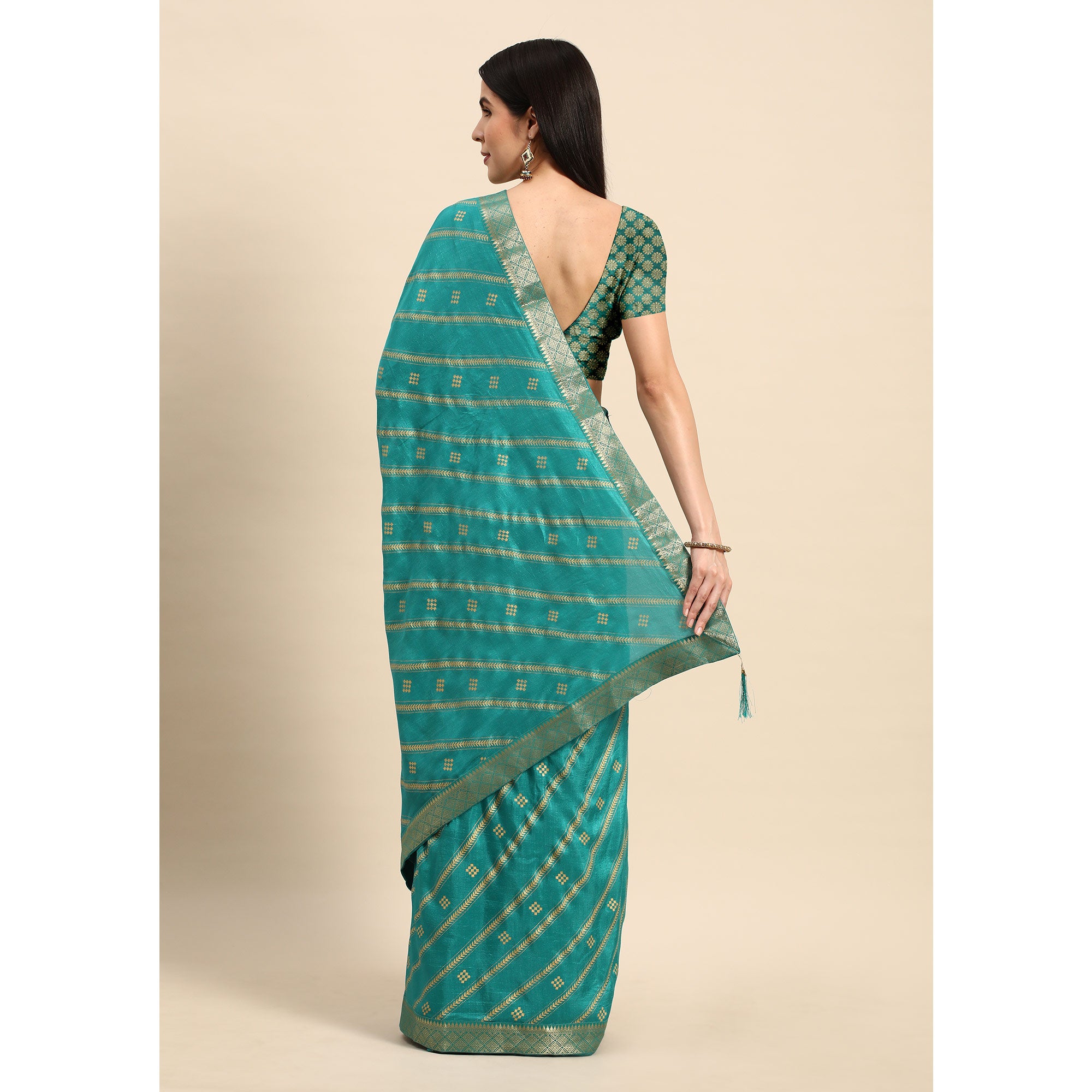 Rama Blue Floral Foil Printed Vichitra Silk Saree