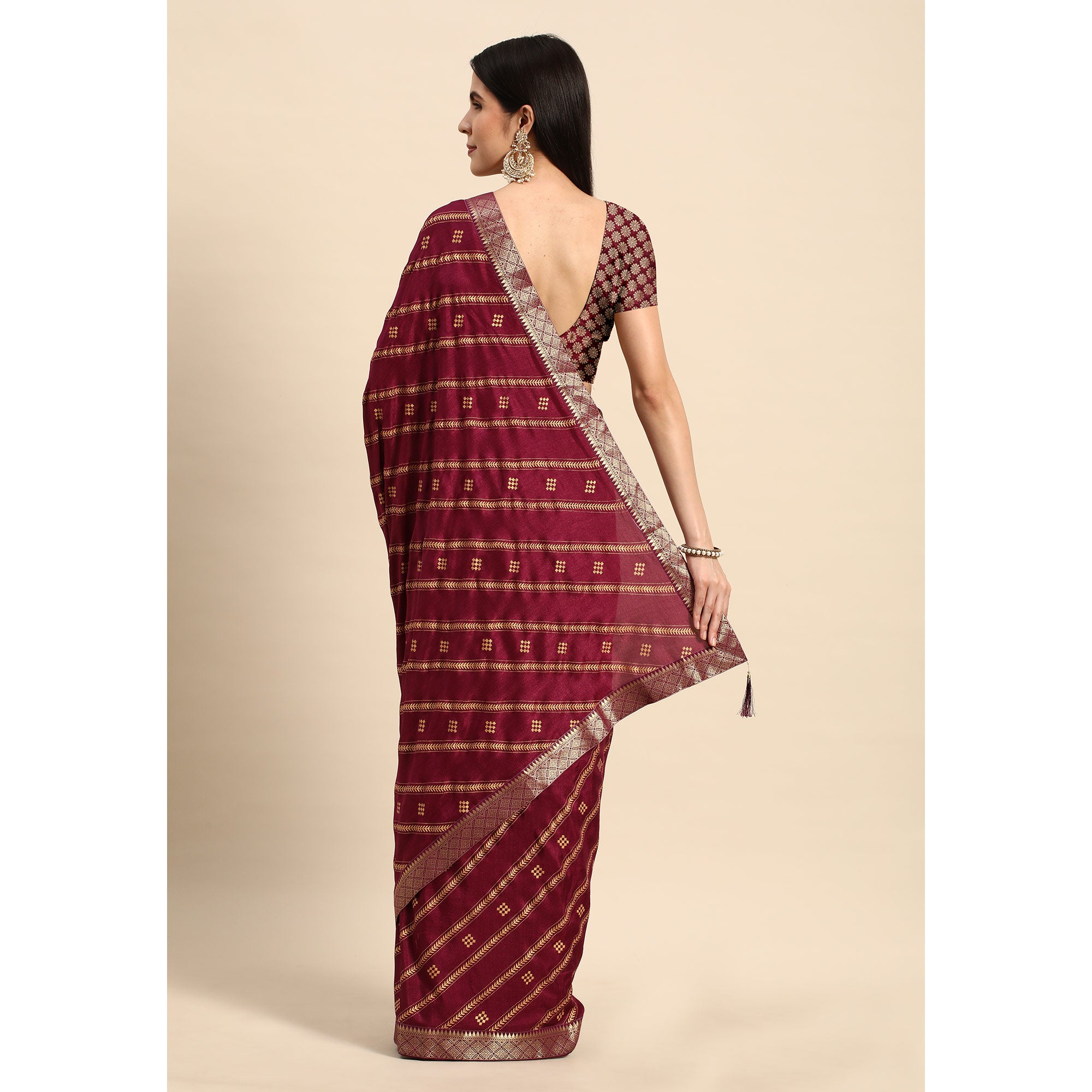Wine Floral Foil Printed Vichitra Silk Saree