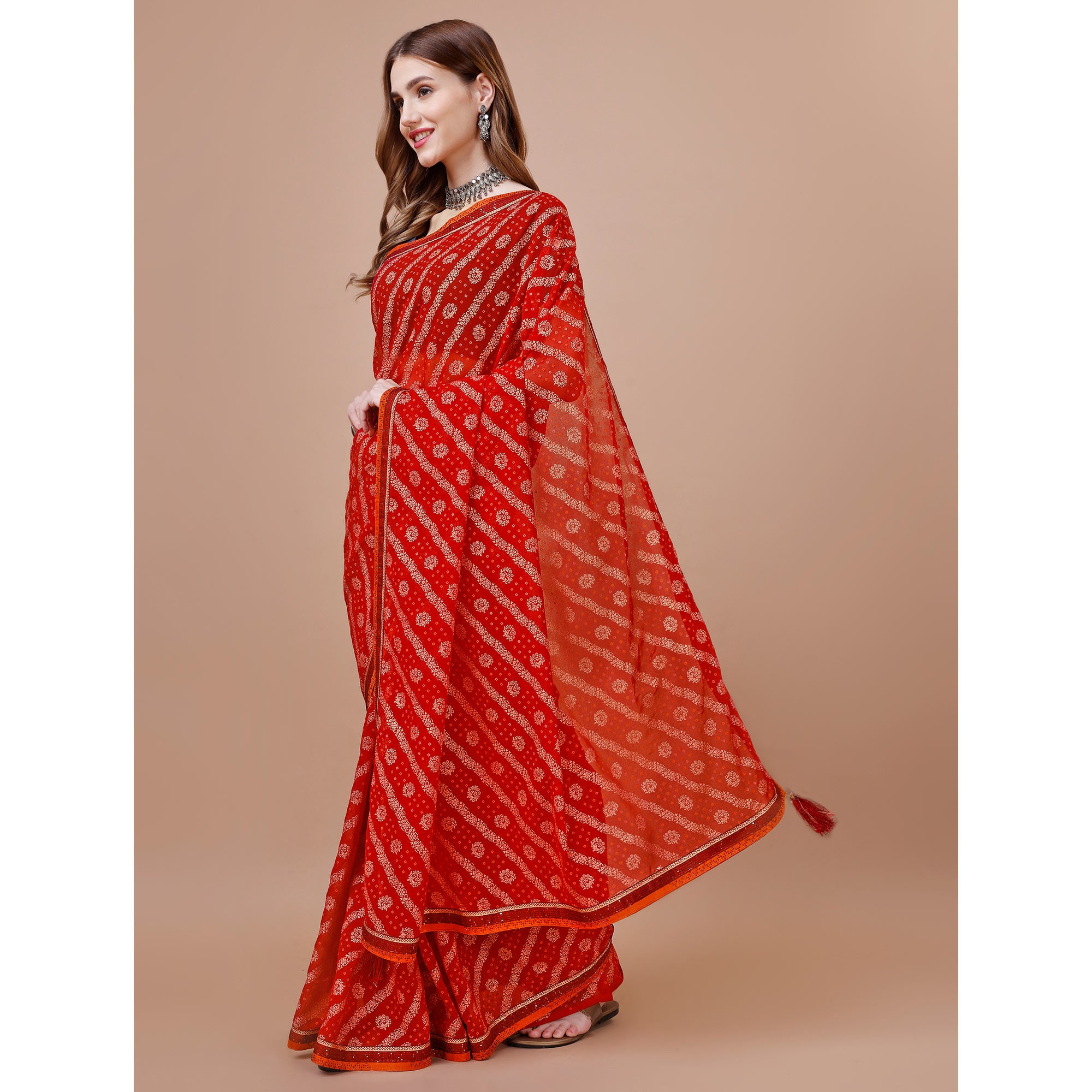 Red Floral Foil Printed Chiffon Saree With Lace Border