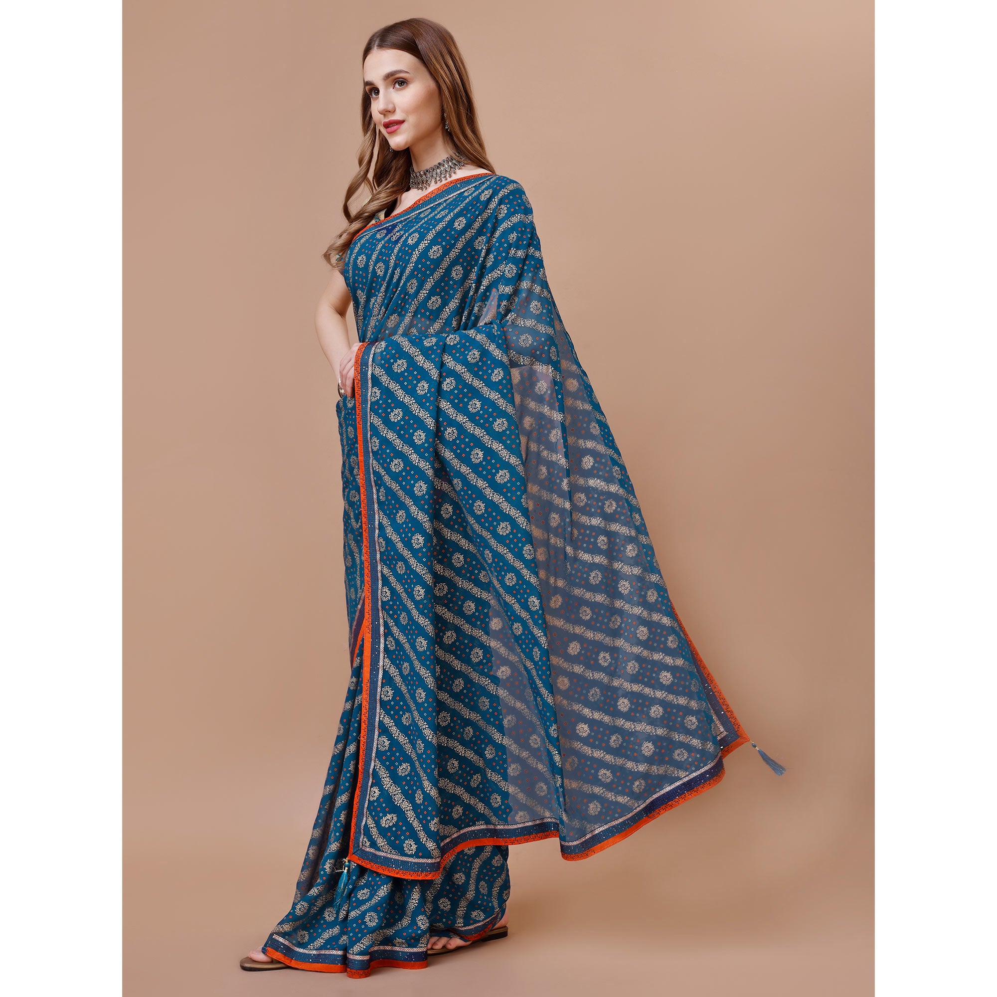 Blue Floral Foil Printed Chiffon Saree With Lace Border
