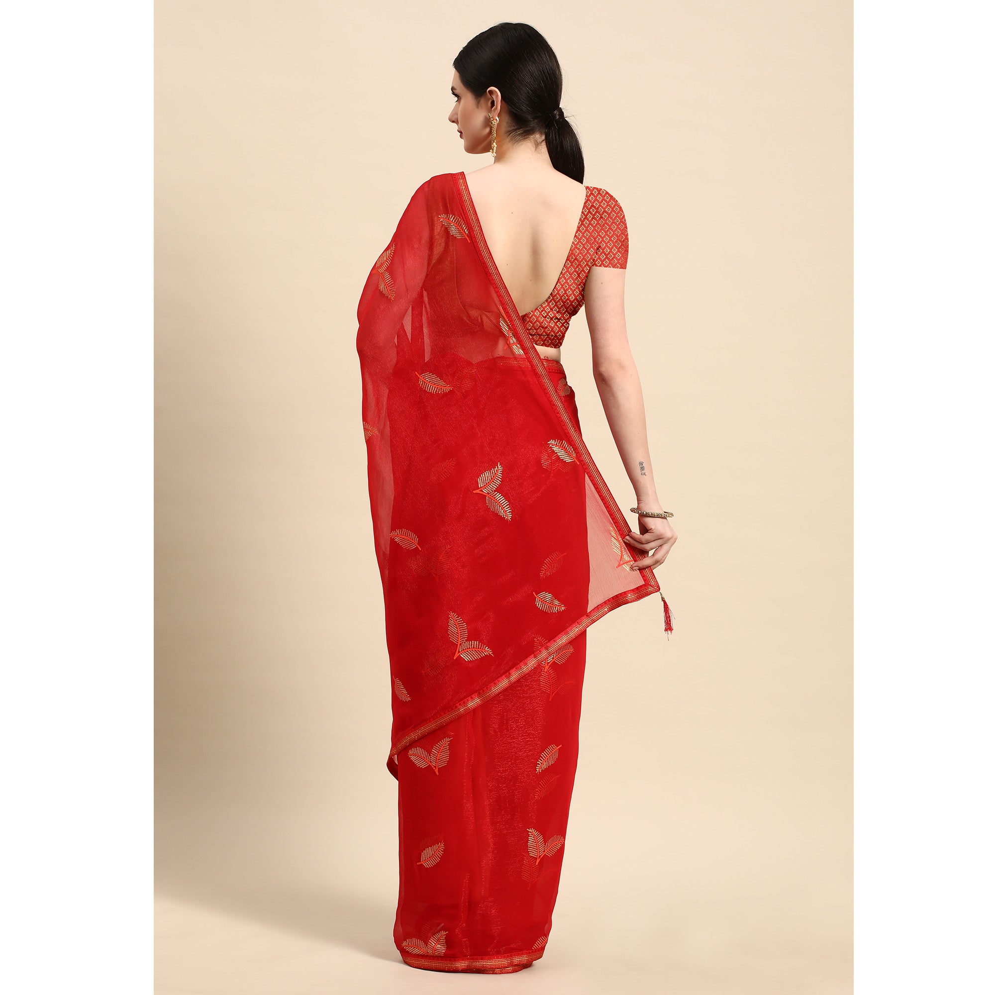 Red Sequins Embroidered Chiffon Saree With Tassels