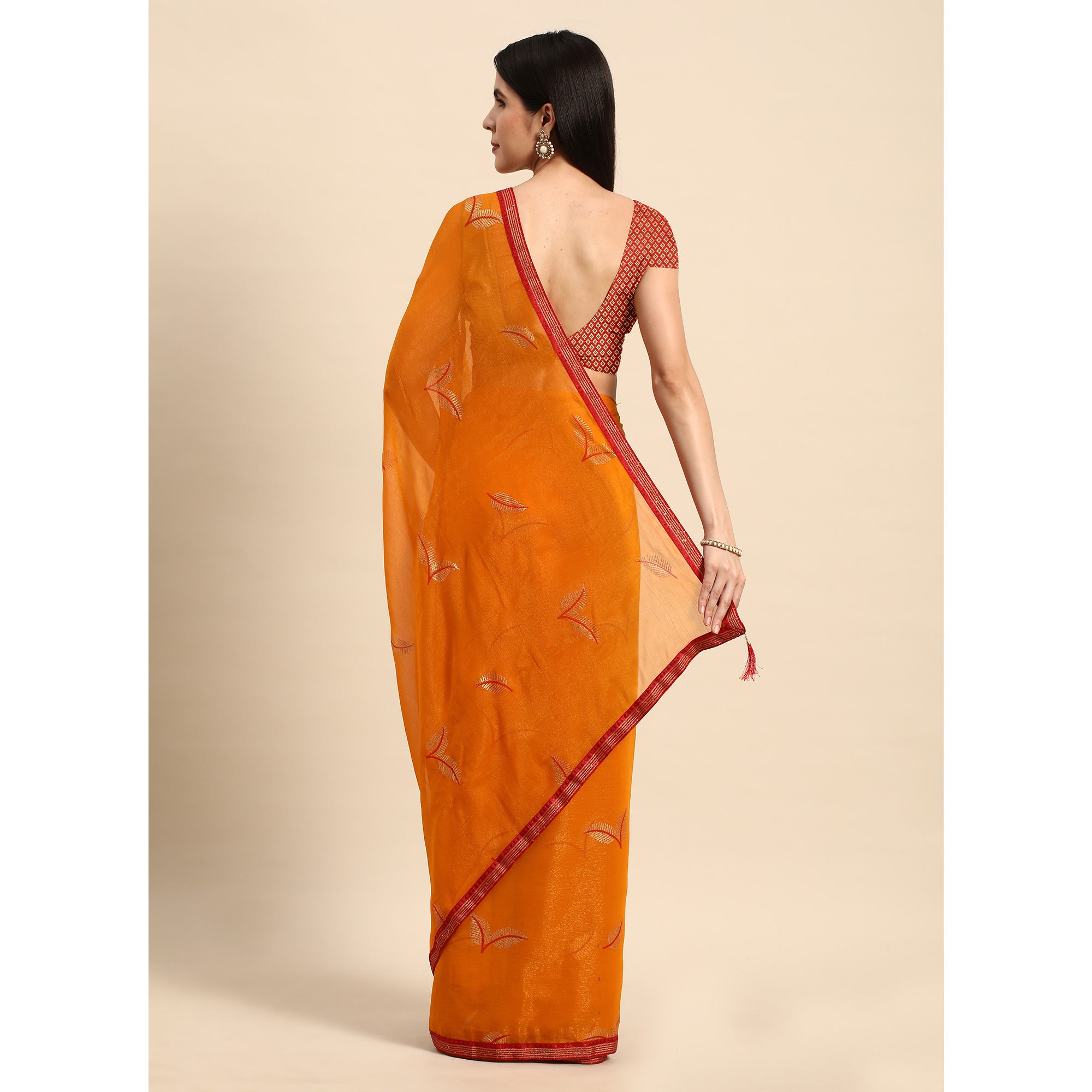 Orange Sequins Embroidered Chiffon Saree With Tassels