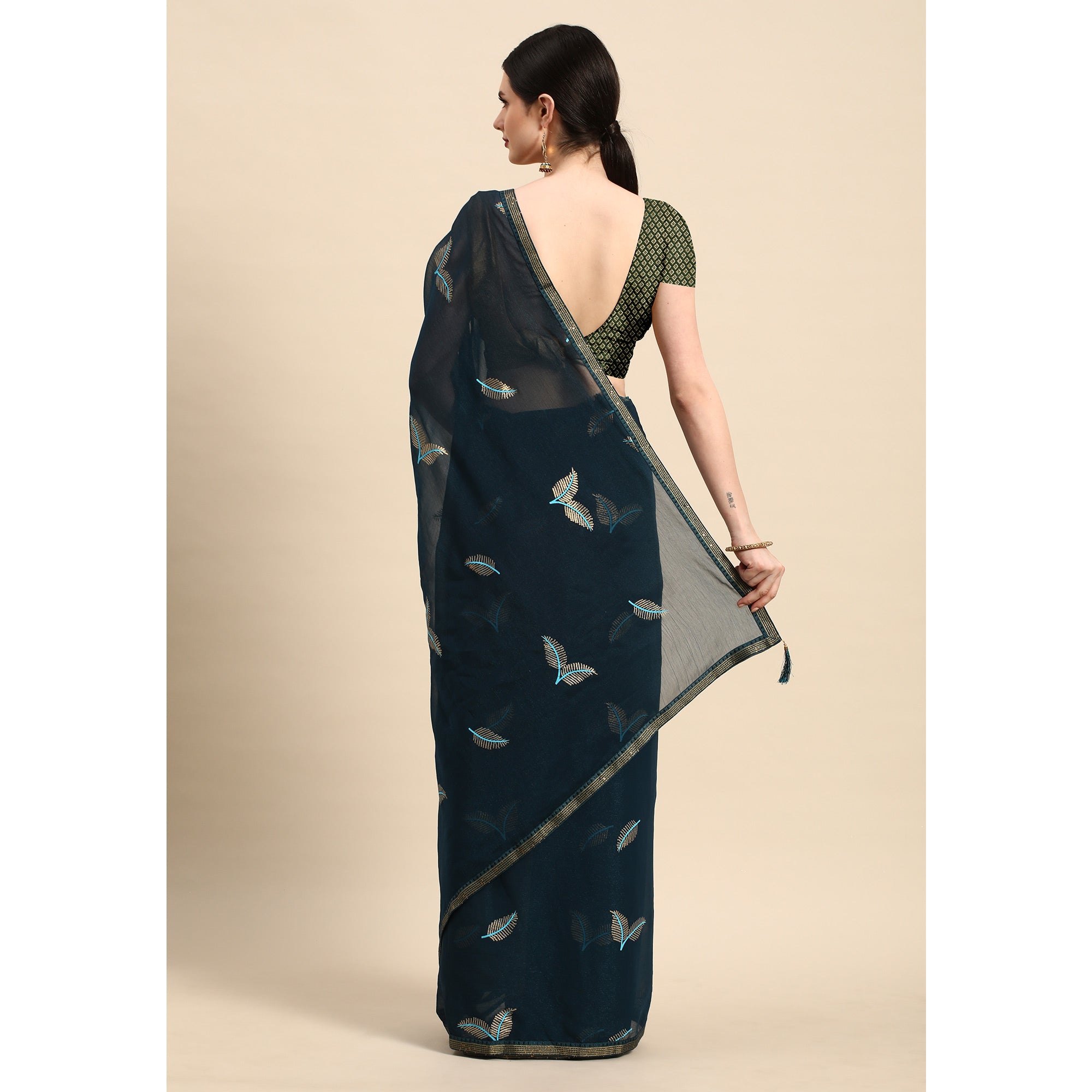 Blue Sequins Embroidered Chiffon Saree With Tassels
