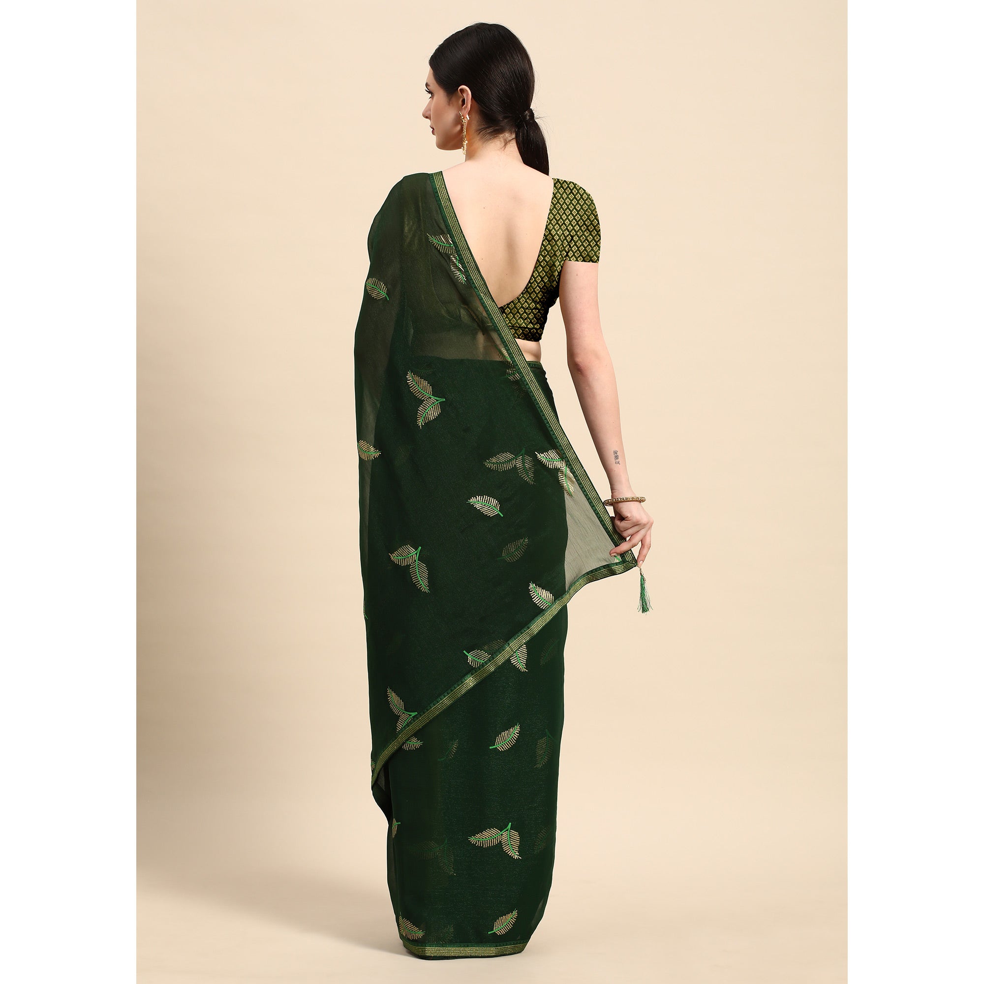 Green Sequins Embroidered Chiffon Saree With Tassels