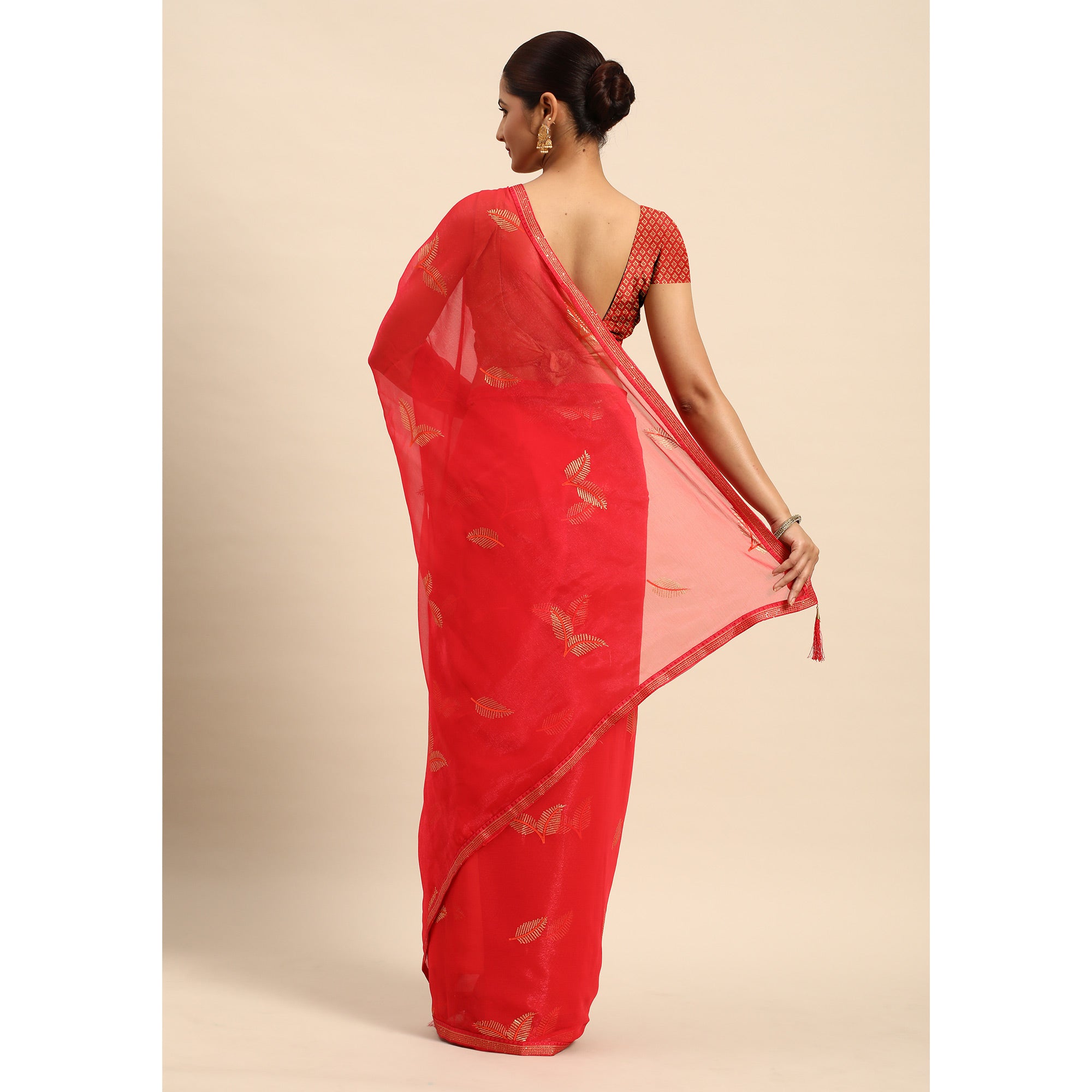 Gajri Pink Sequins Embroidered Chiffon Saree With Tassels