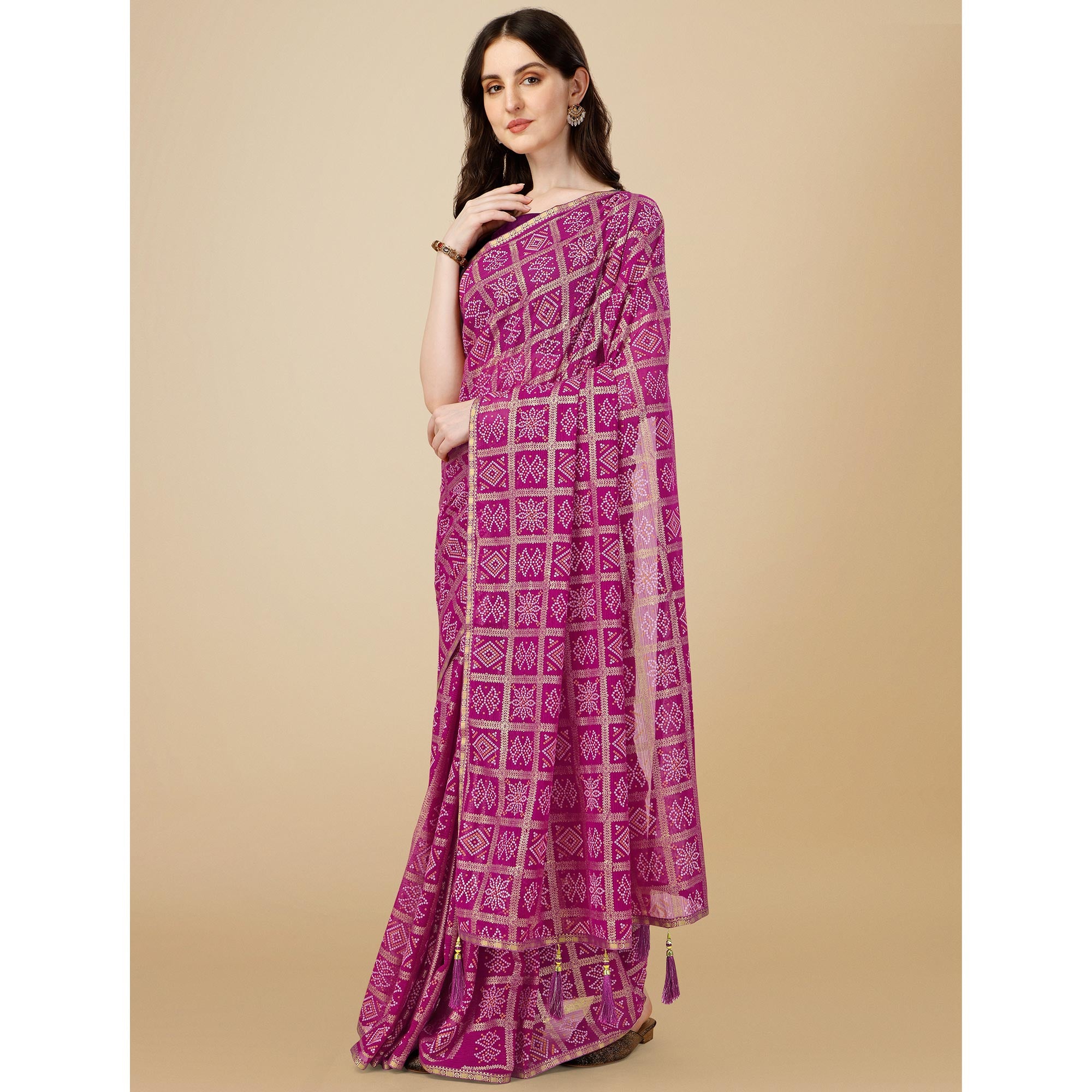 Purple Bandhani Foil Printed Zomato Saree With Tassels