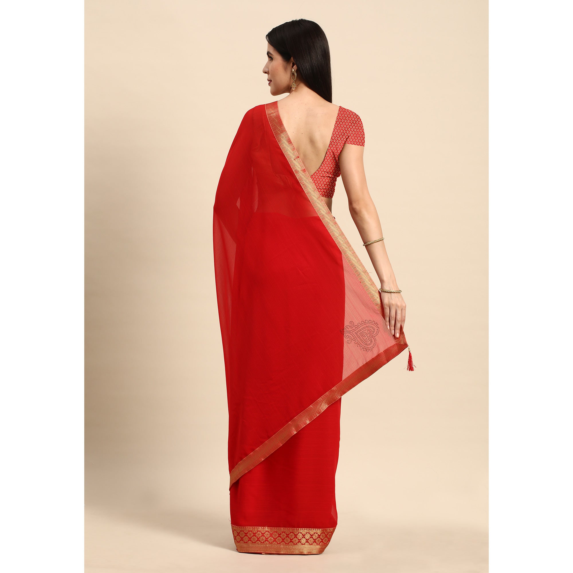 Red Swarovski Work Chiffon Saree With Zari Border