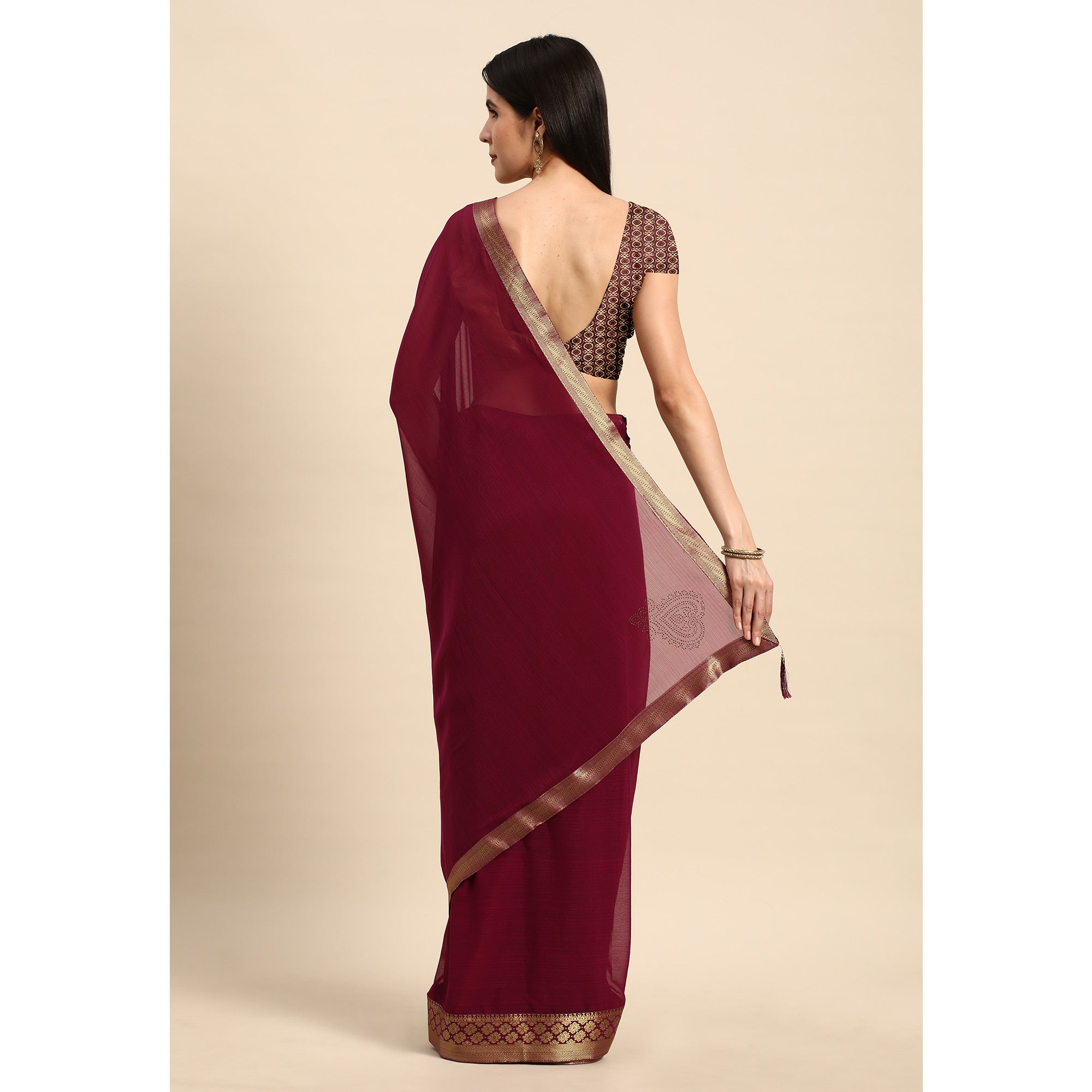 Wine Swarovski Work Chiffon Saree With Zari Border