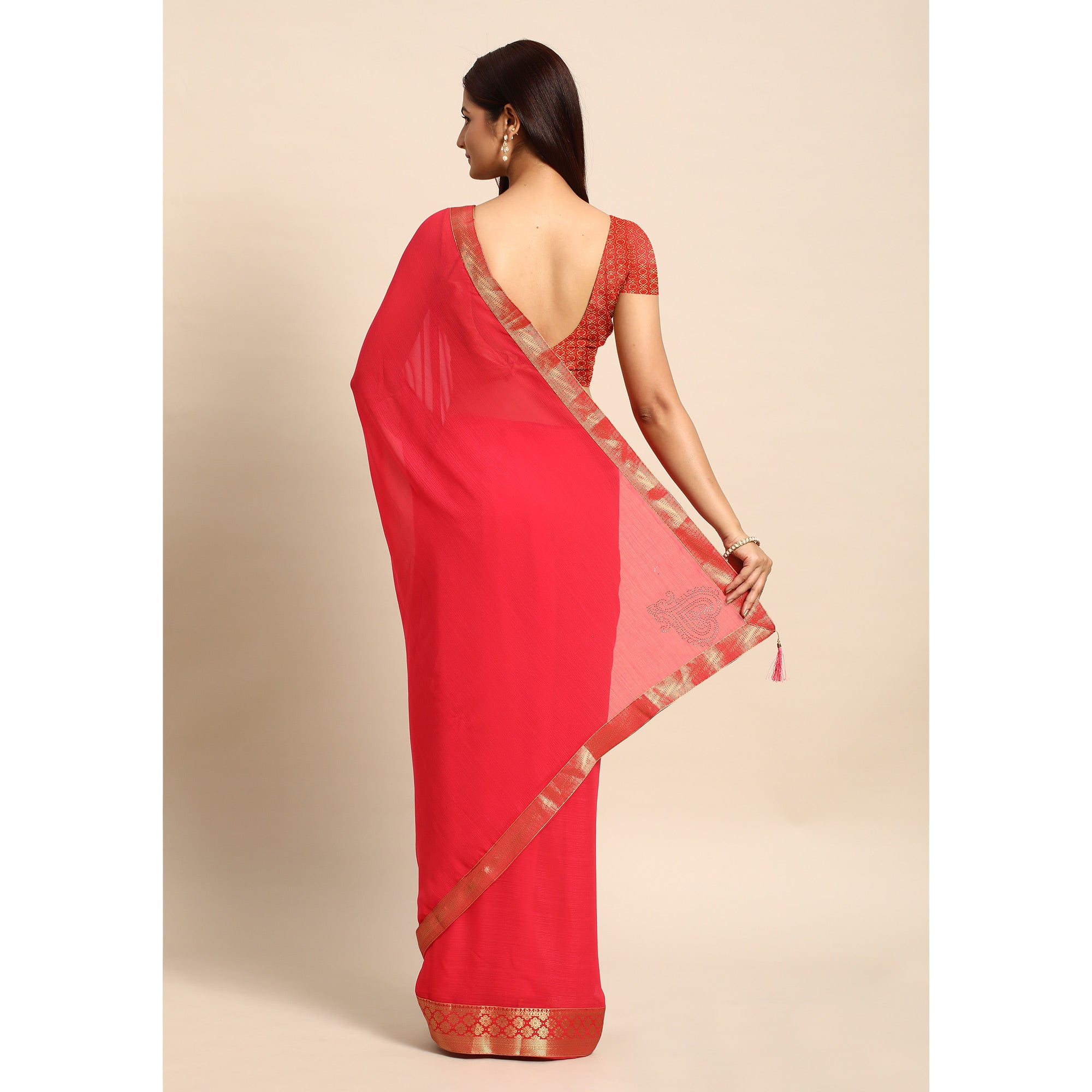 Pink Swarovski Work Chiffon Saree With Zari Border
