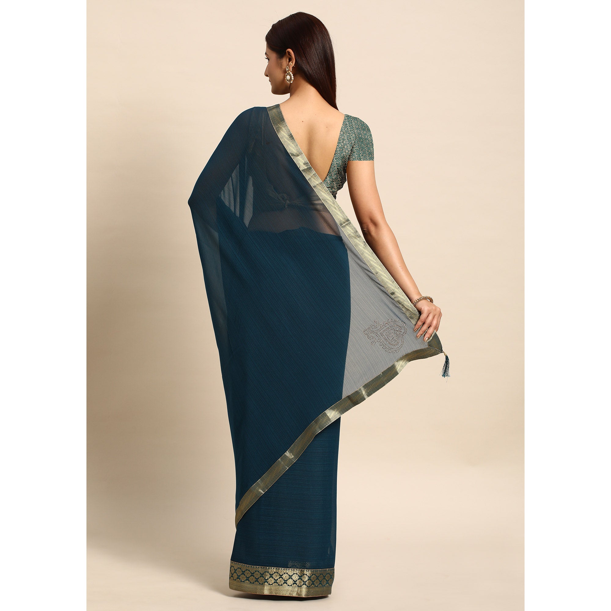 Blue Swarovski Work Chiffon Saree With Zari Border