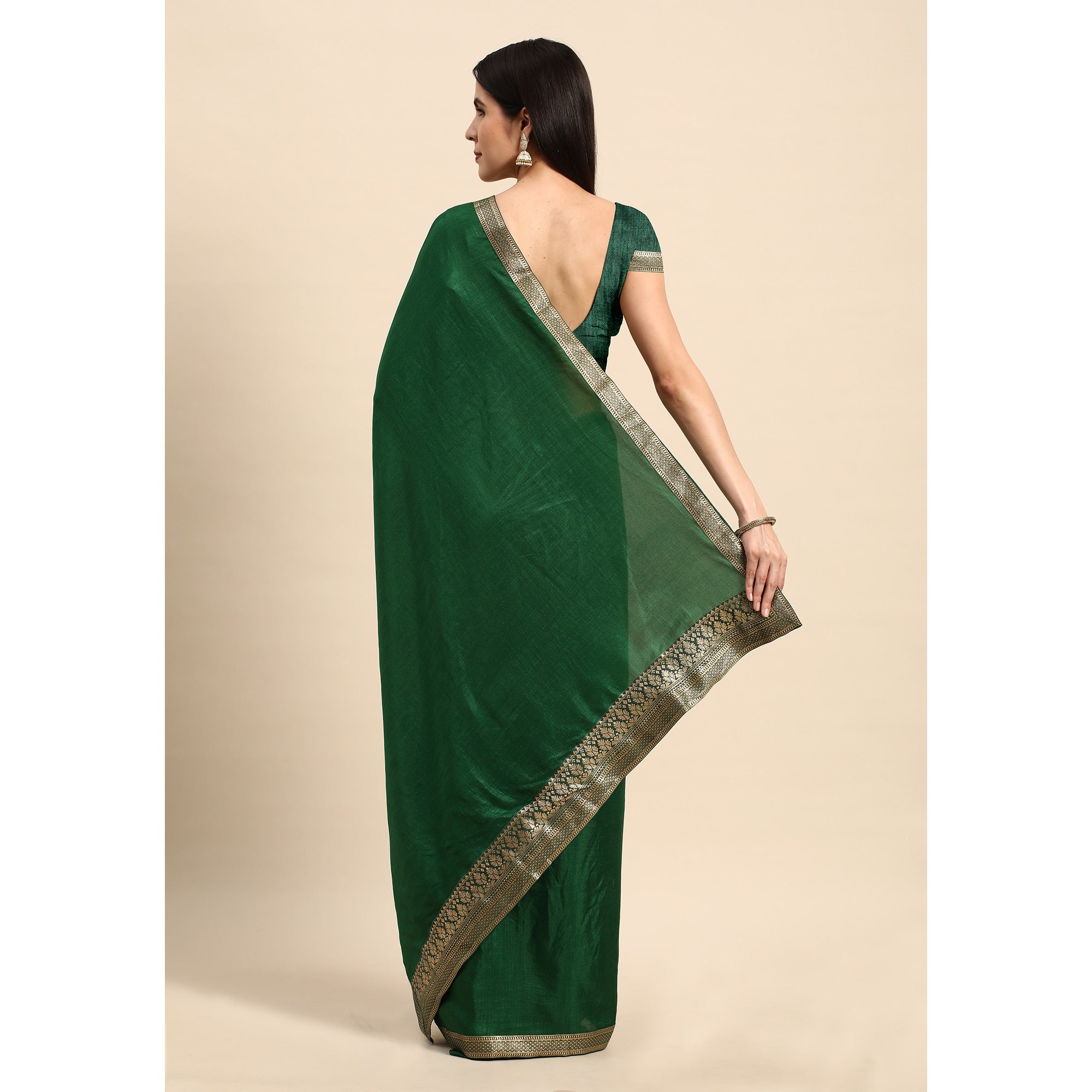 Green Solid Vichitra Silk Saree With Fancy Zari Border