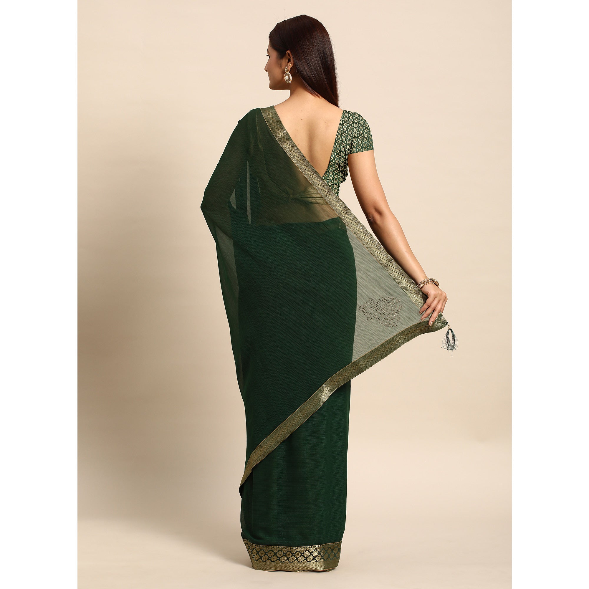 Green Swarovski Work Chiffon Saree With Zari Border