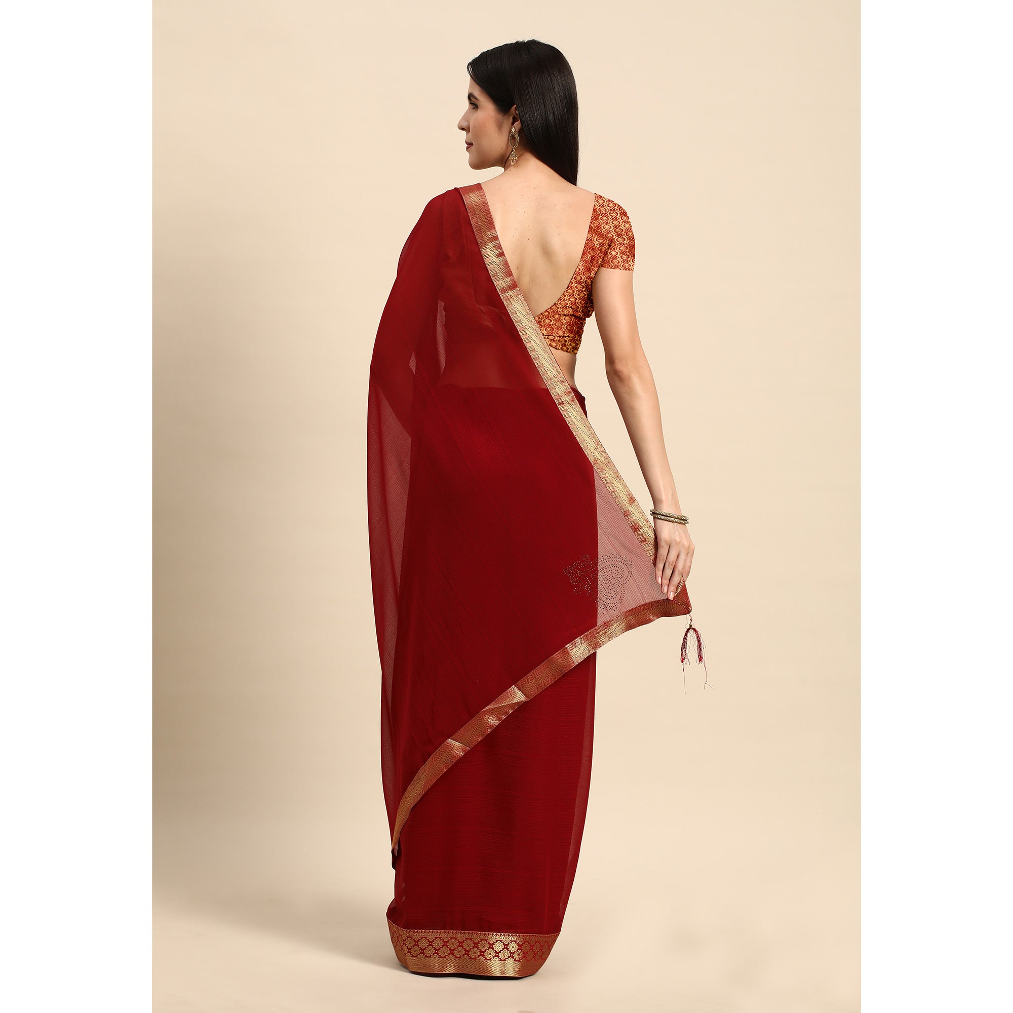 Maroon Swarovski Work Chiffon Saree With Zari Border