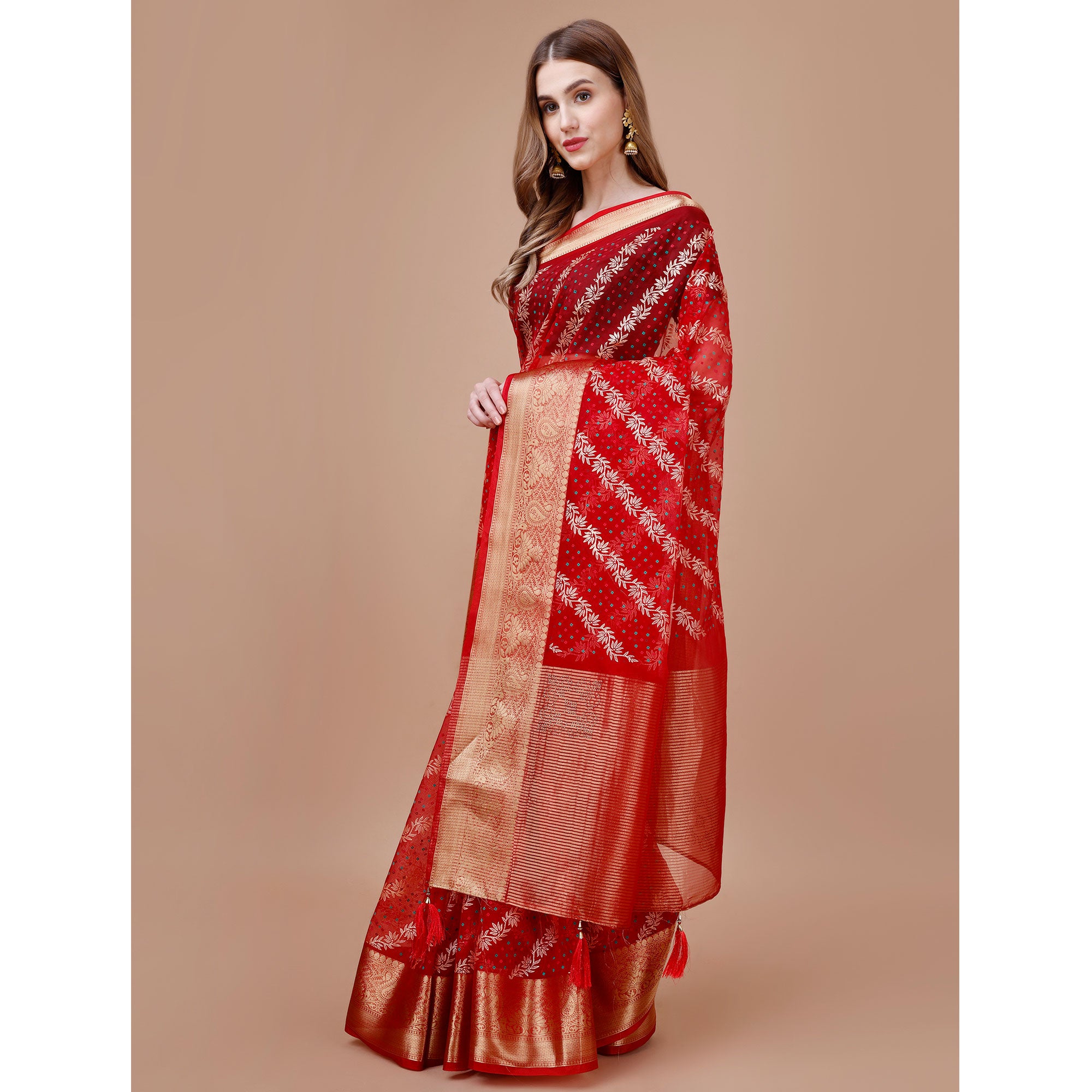 Red Foil Printed Organza Saree With Woven Border