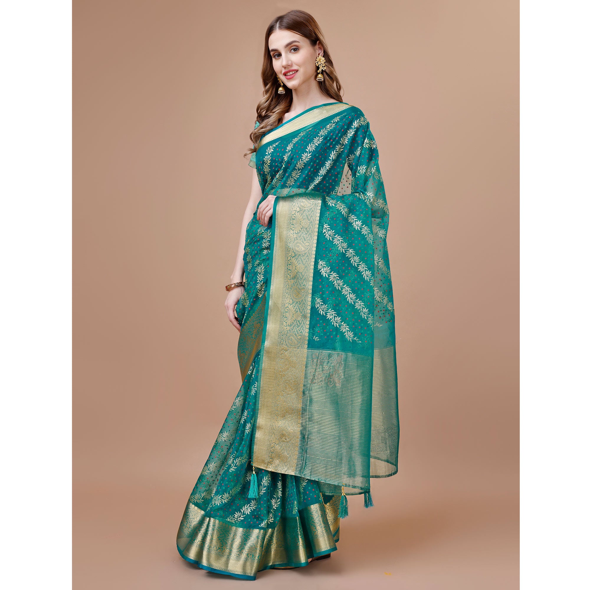 Rama Blue Foil Printed Organza Saree With Woven Border