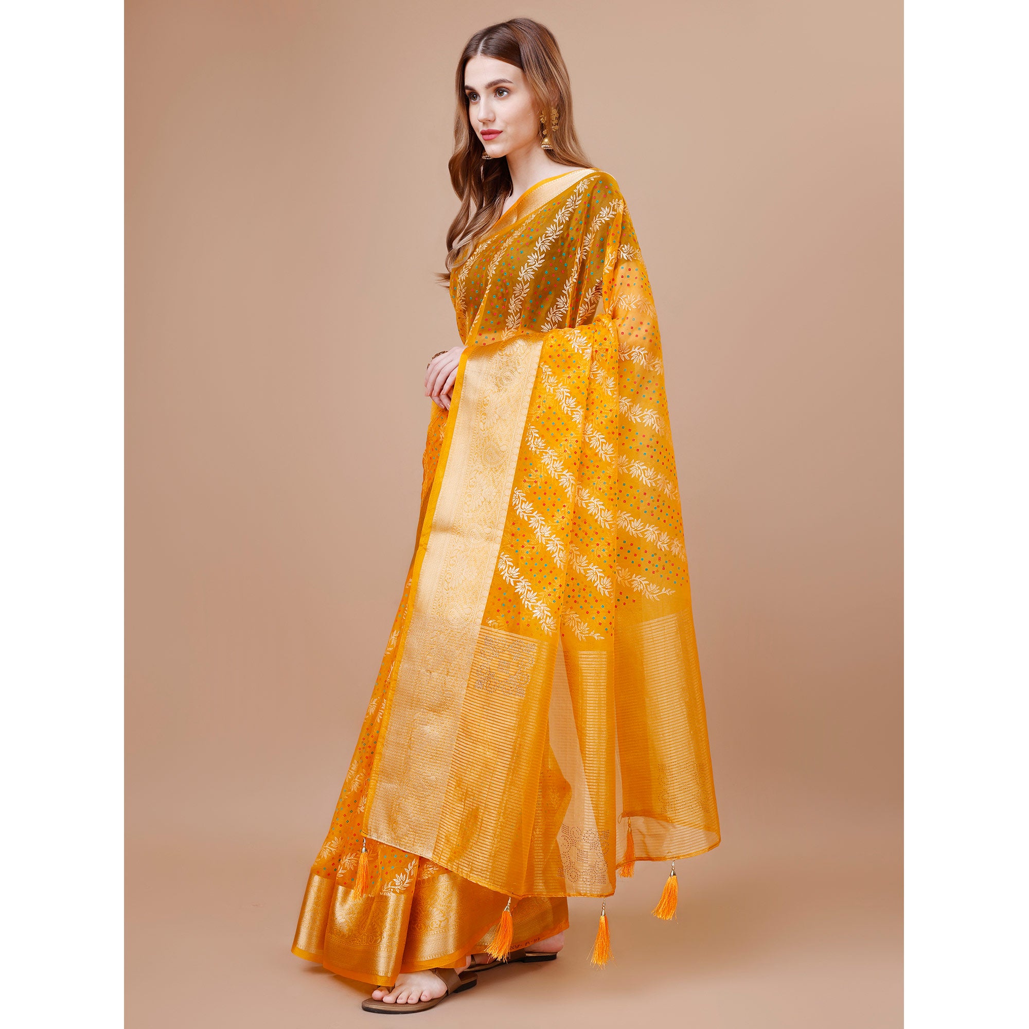 Yellow Foil Printed Organza Saree With Woven Border