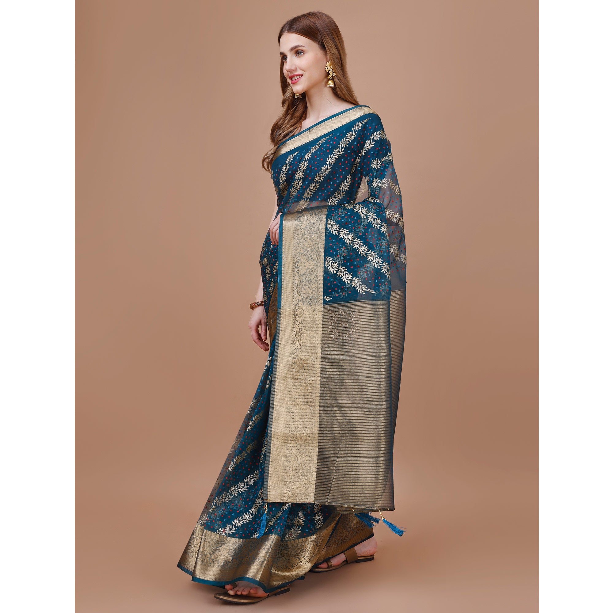 Blue Foil Printed Organza Saree With Woven Border