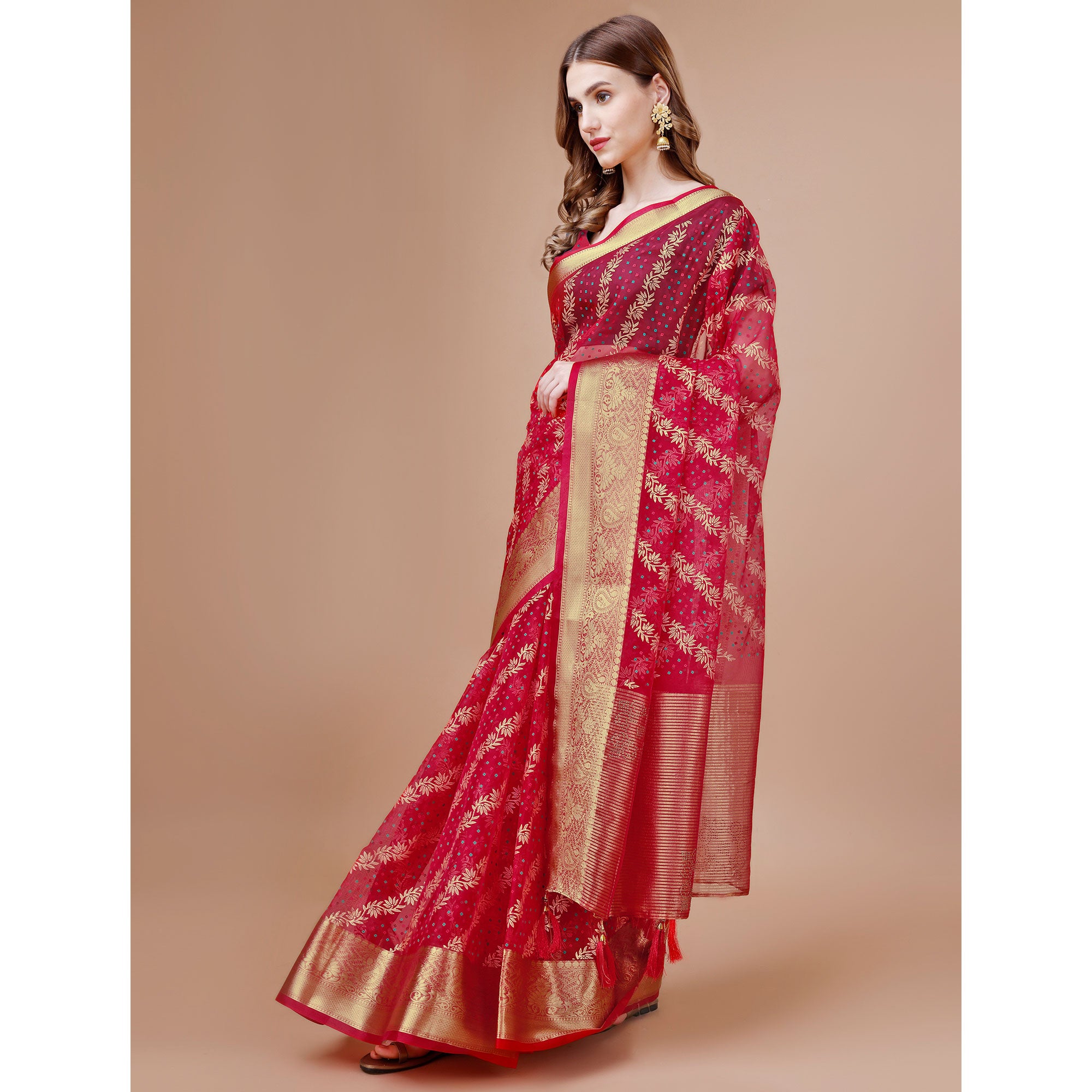 Pink Foil Printed Organza Saree With Woven Border