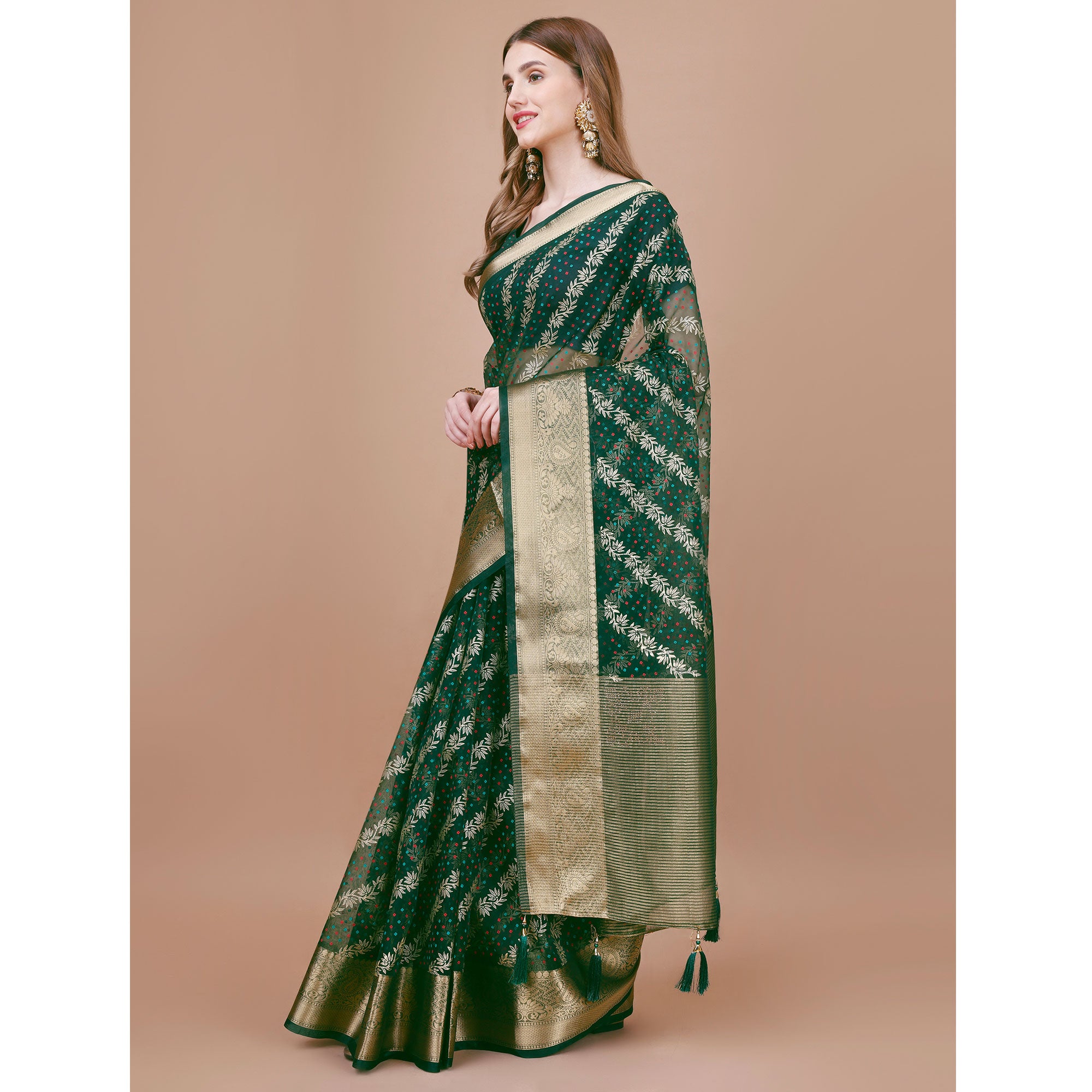 Green Foil Printed Organza Saree With Woven Border