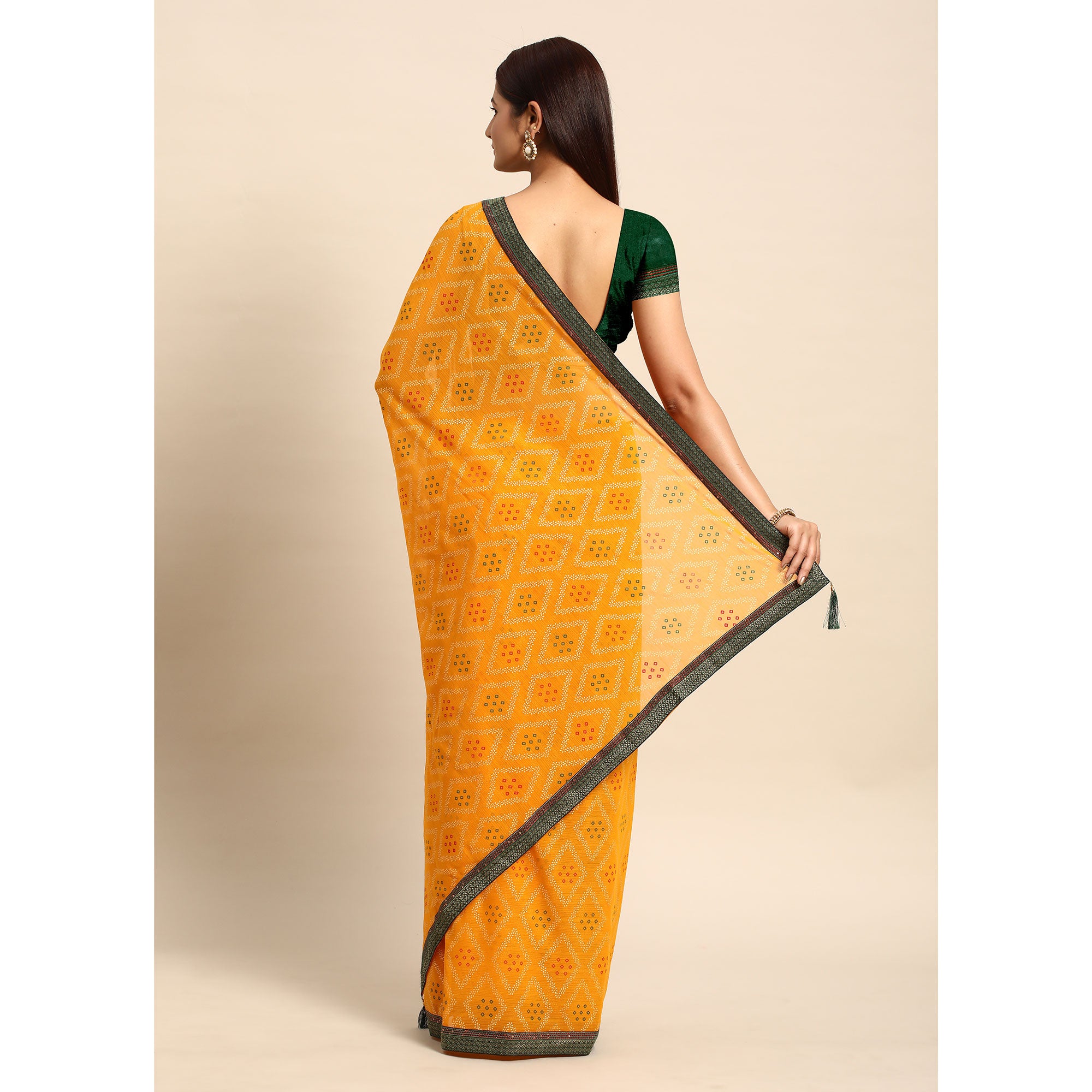 Yellow Floral Foil Printed Chiffon Saree With Tassels