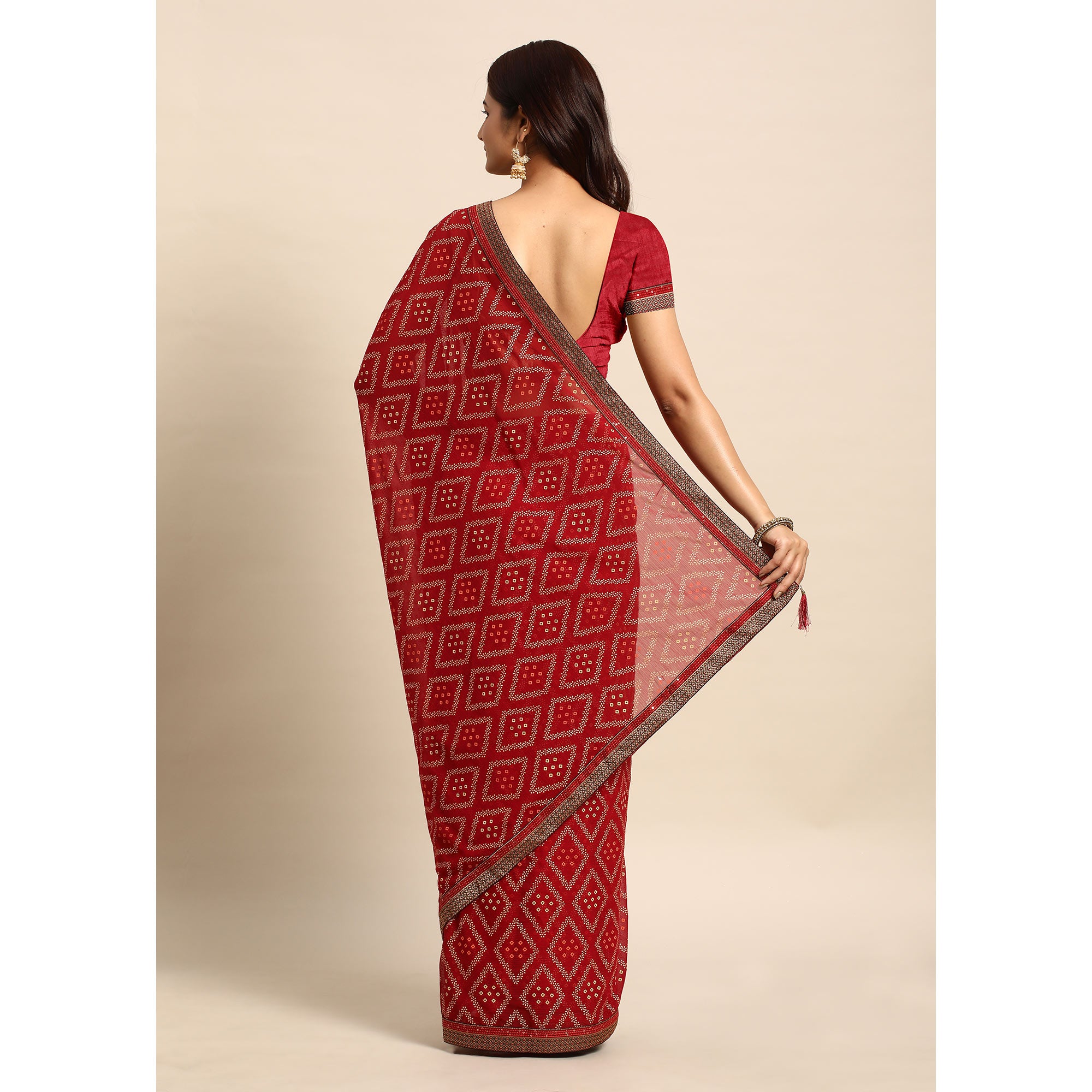 Maroon Floral Foil Printed Chiffon Saree With Tassels