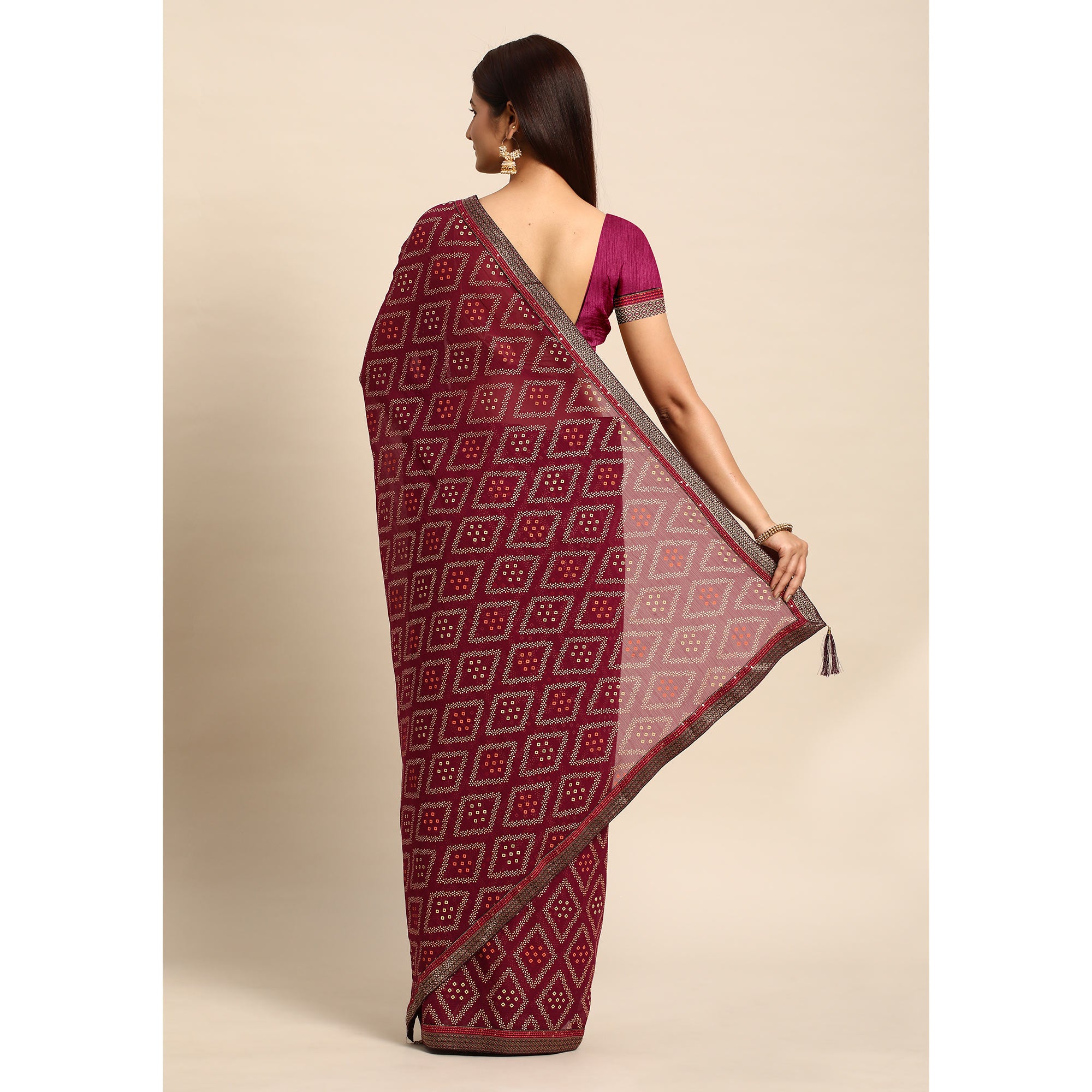 Wine Floral Foil Printed Chiffon Saree With Tassels