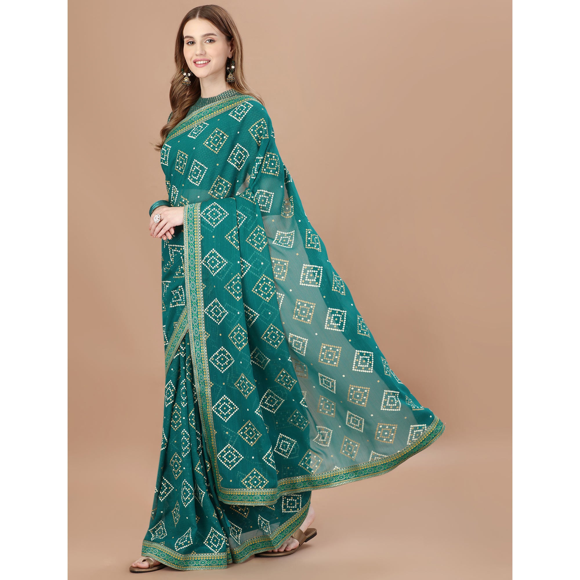 Teal Blue Bandhani Printed Chiffon Saree