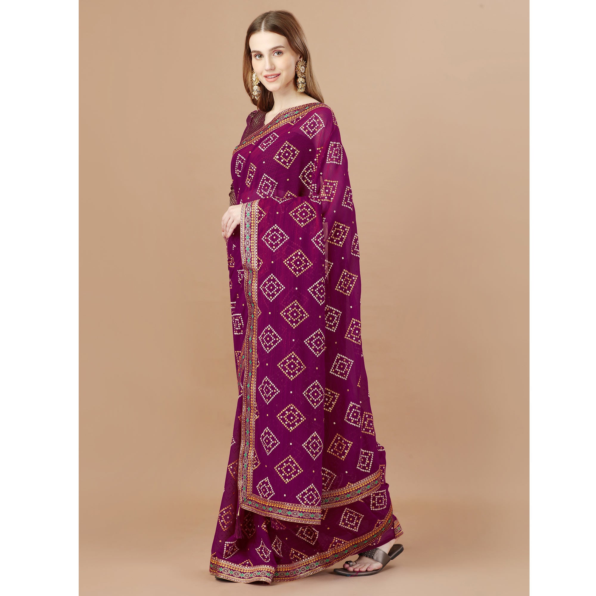 Purple Bandhani Printed Chiffon Saree