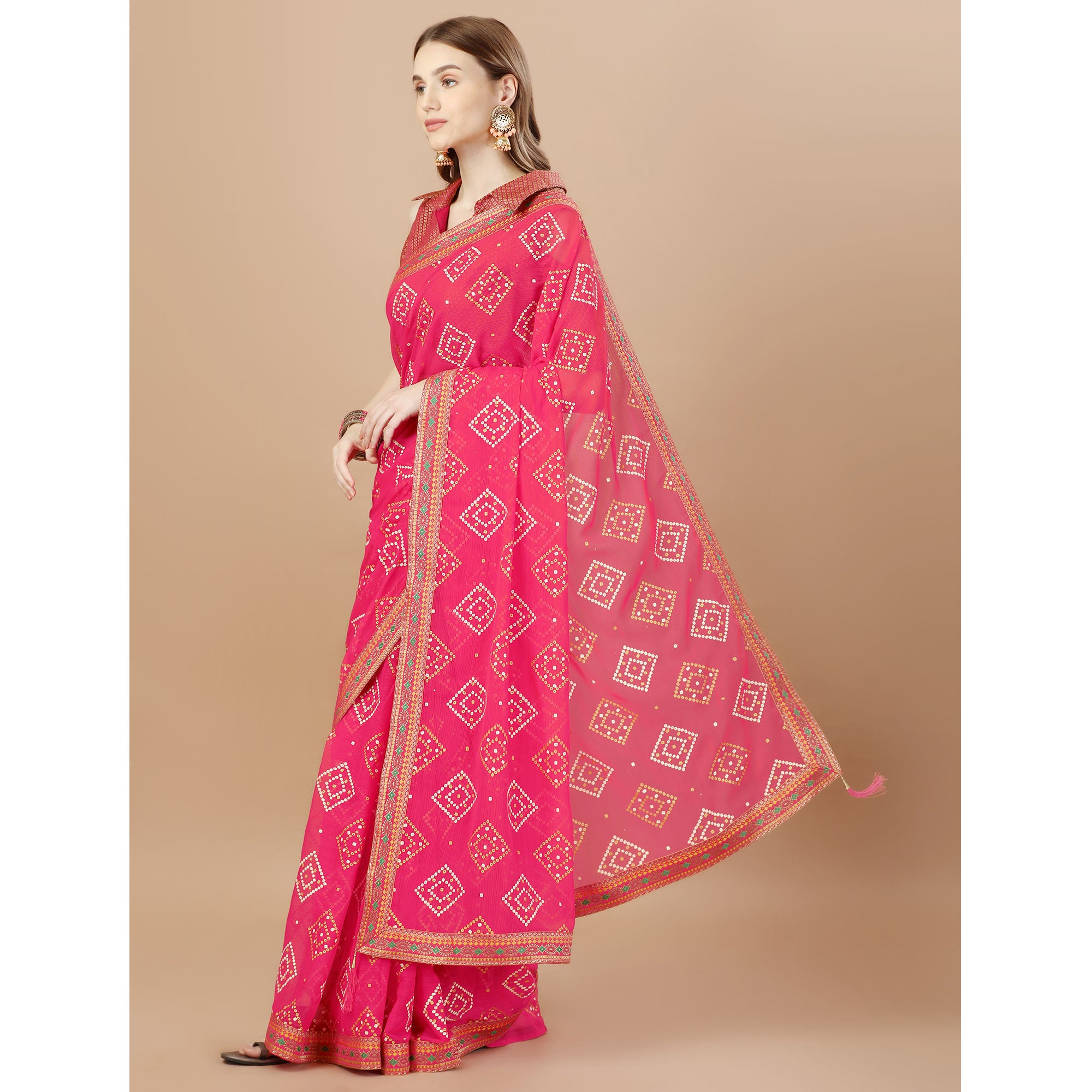 Pink Bandhani Printed Chiffon Saree