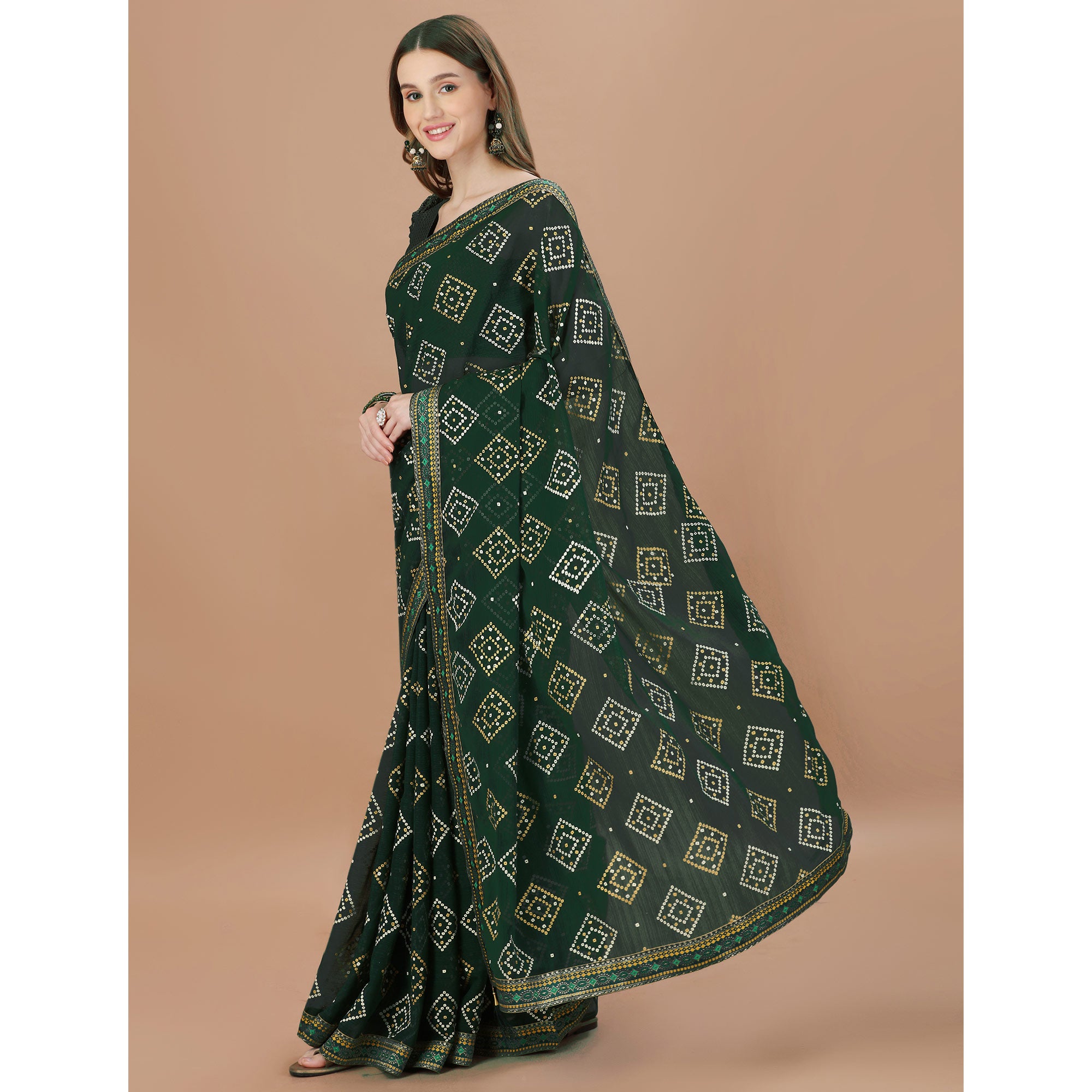 Green Bandhani Printed Chiffon Saree