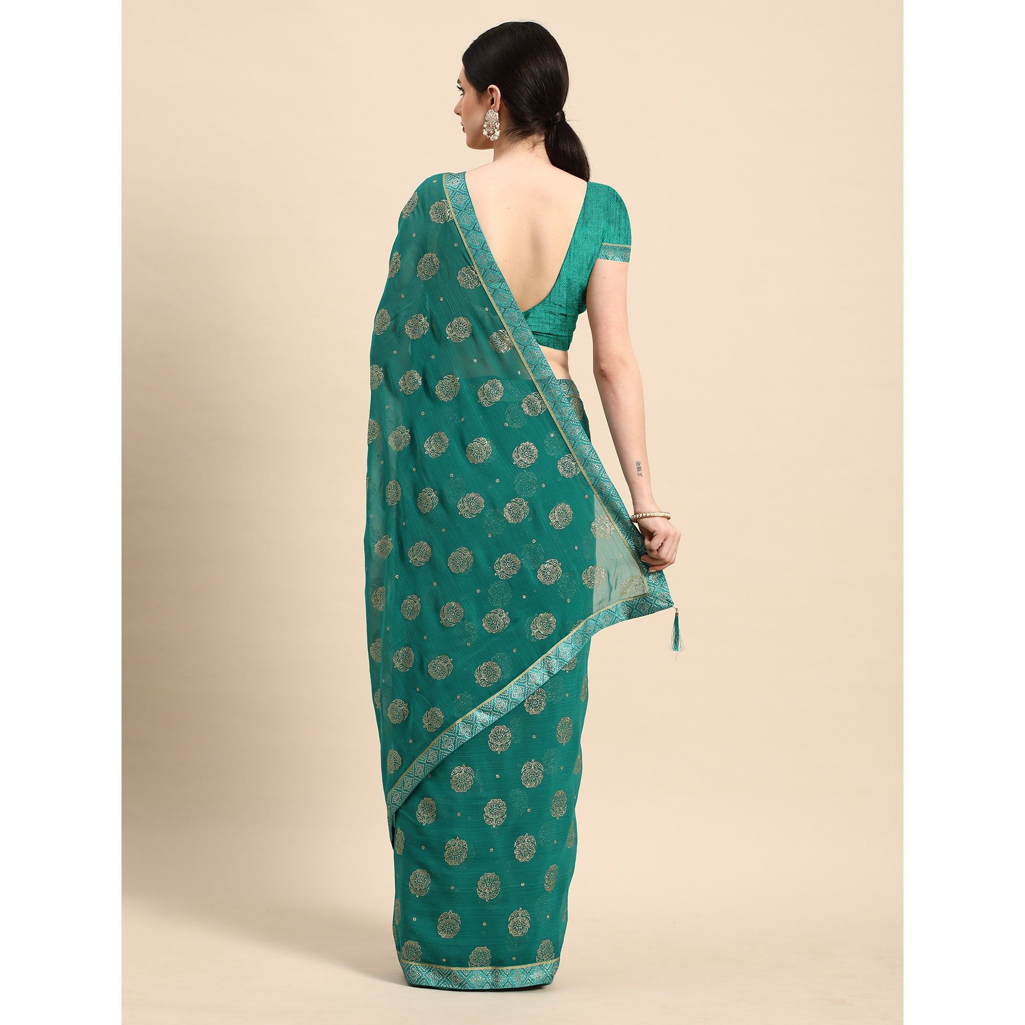 Rama Green Foil Printed With Embellished Chiffon Saree