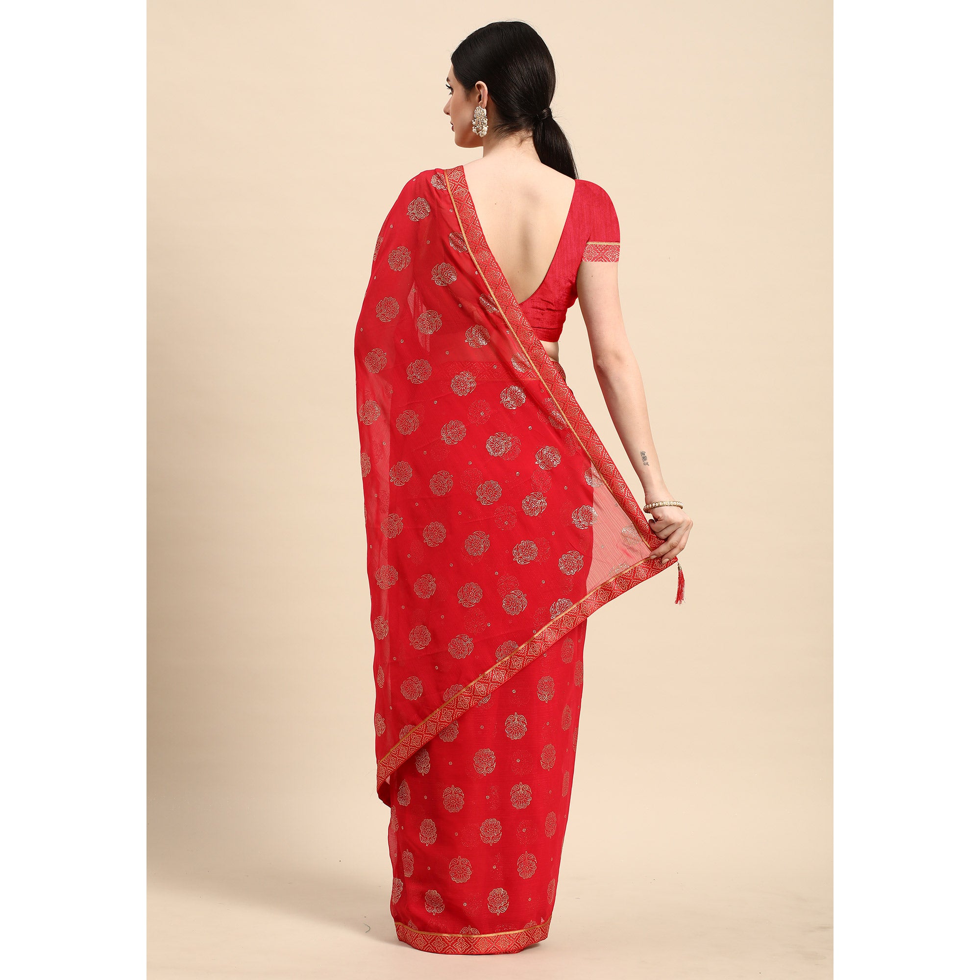 Pink Foil Printed With Embellished Chiffon Saree