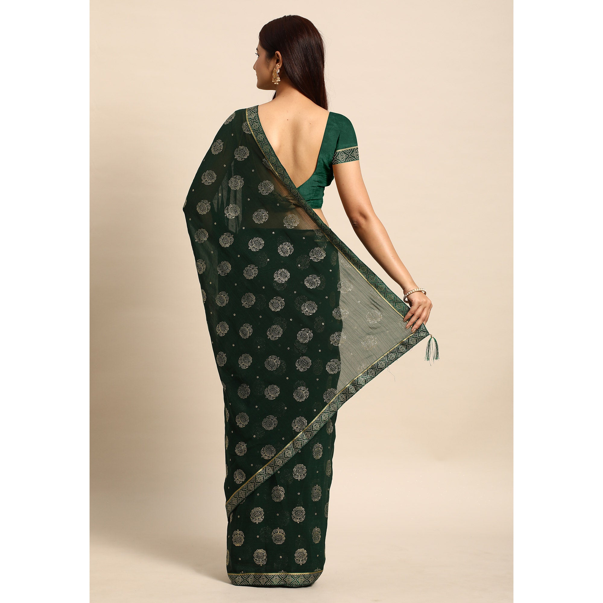 Green Foil Printed With Embellished Chiffon Saree