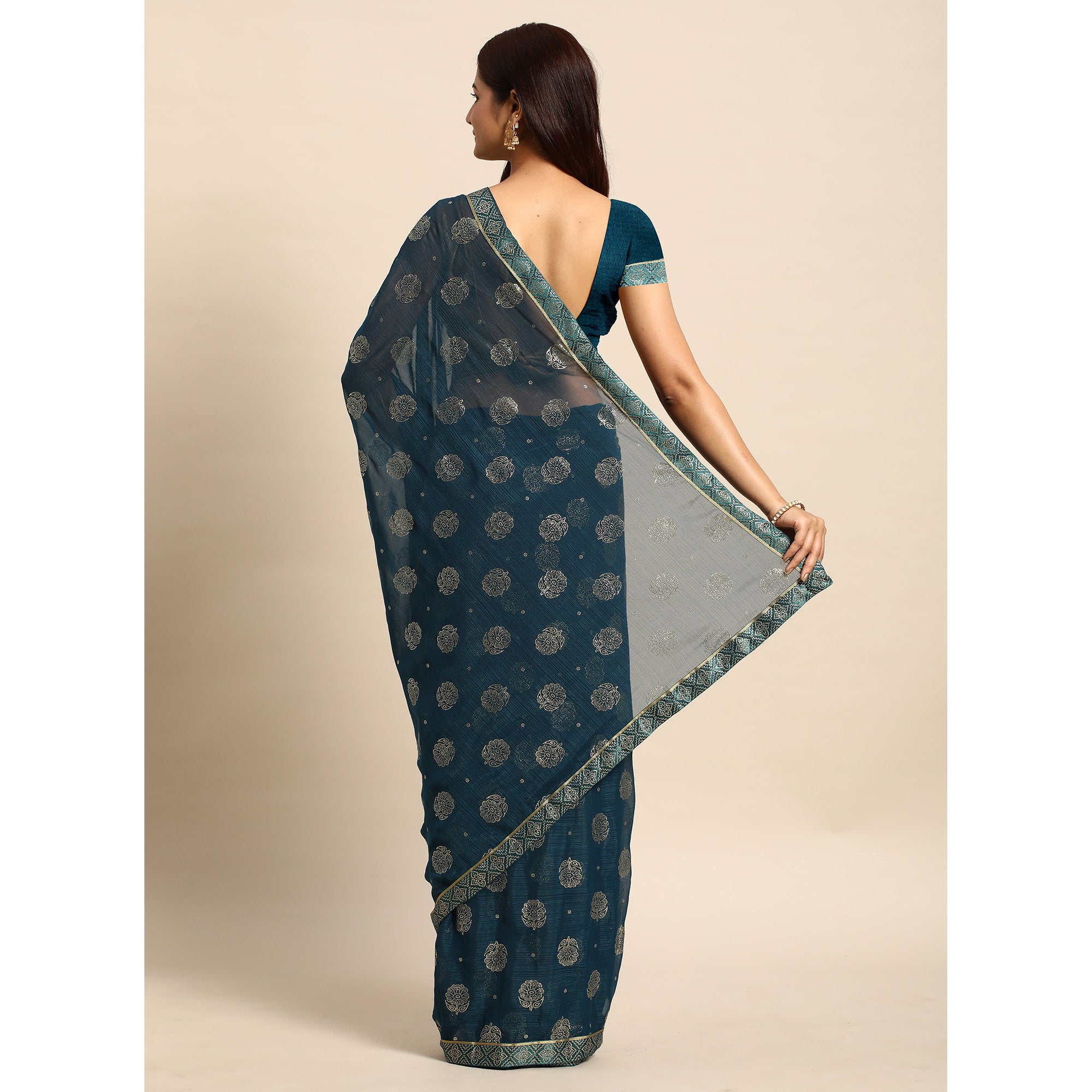 Teal Blue Foil Printed With Embellished Chiffon Saree