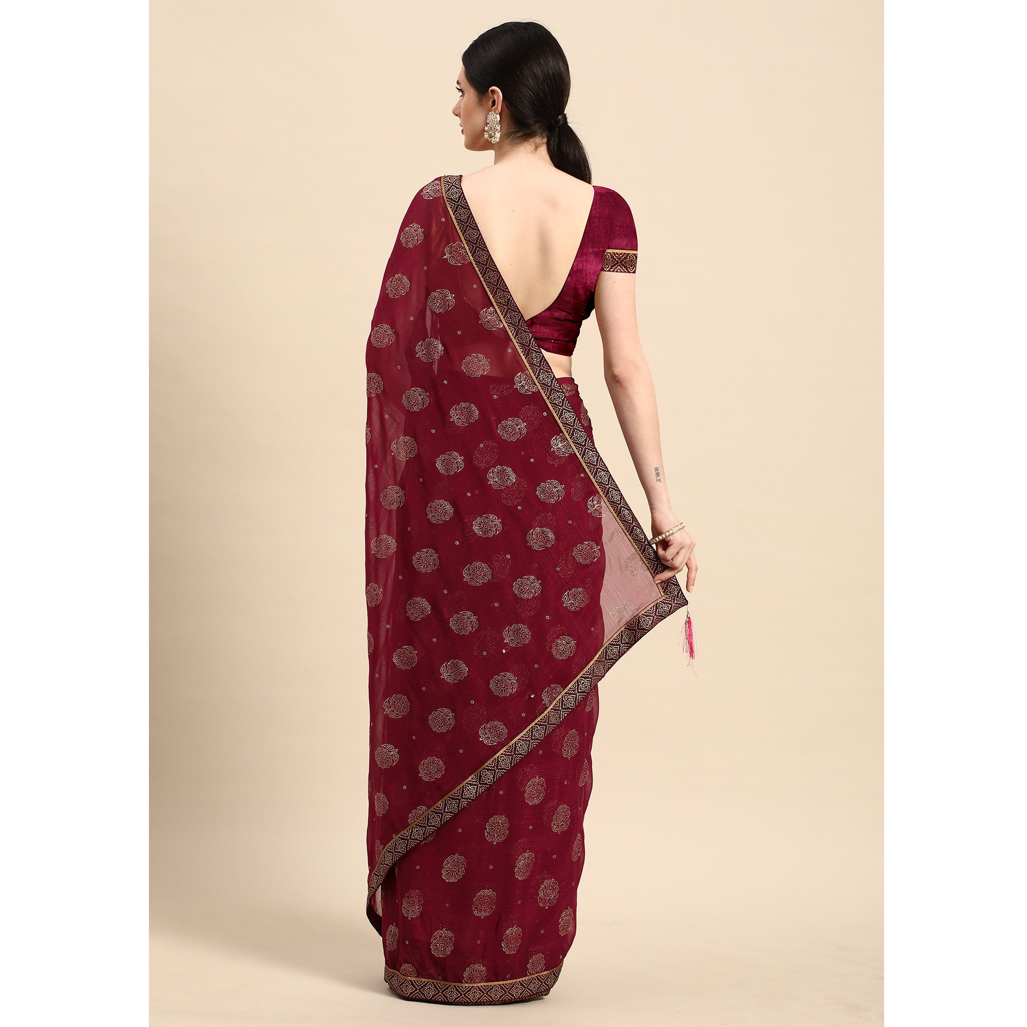 Purple Foil Printed With Embellished Chiffon Saree