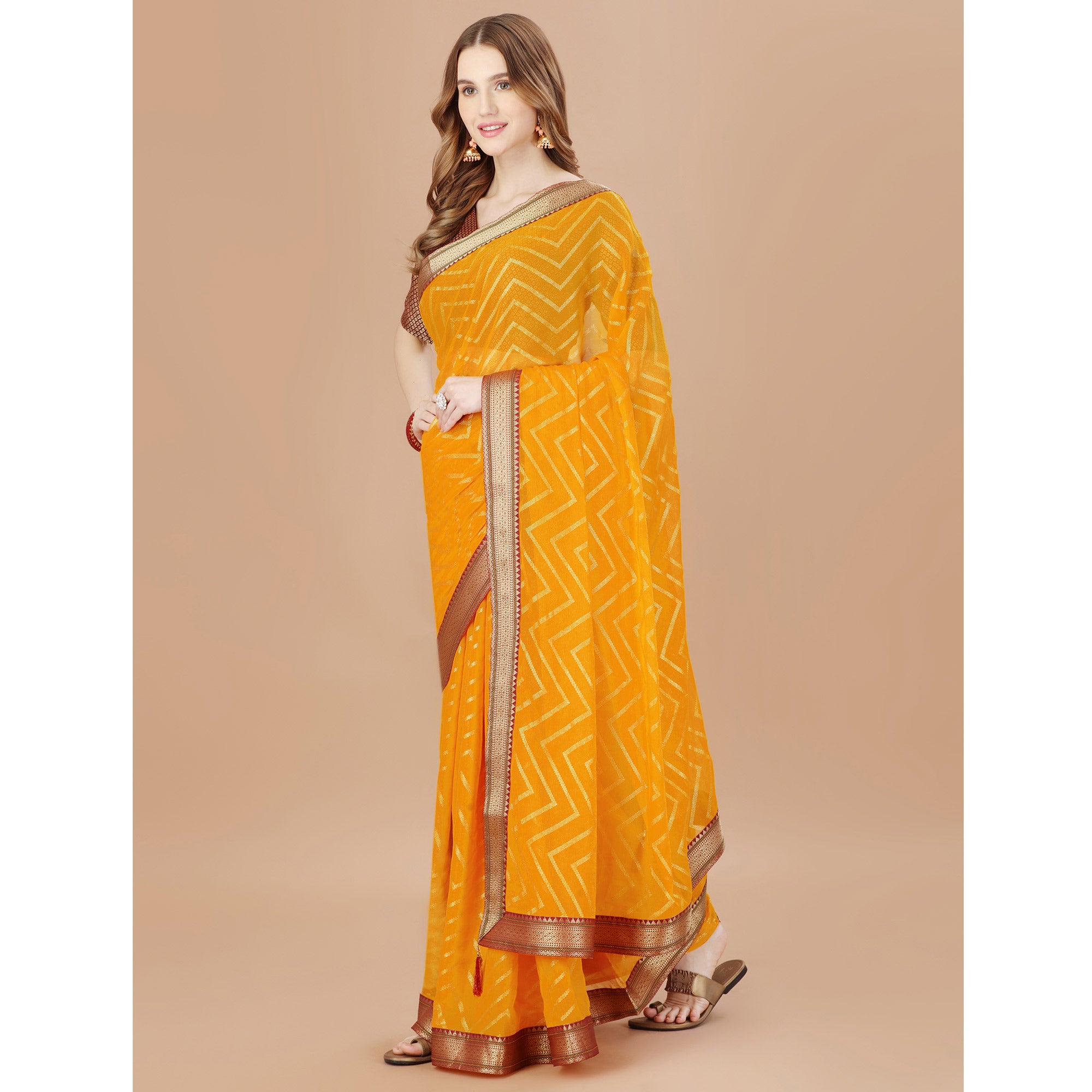 Yellow Foil Printed Chiffon Saree With Lace Border