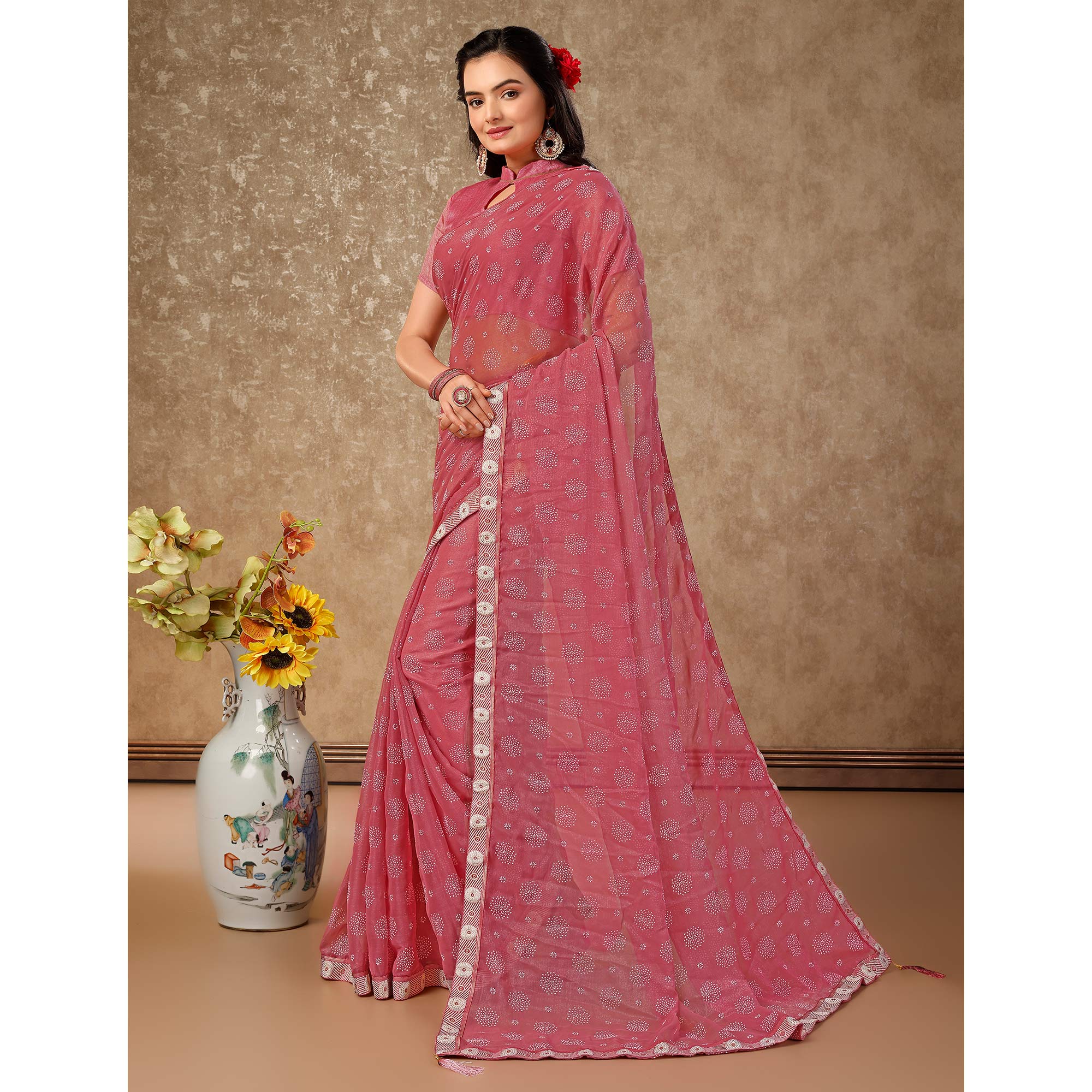 Pink Printed Chiffon Saree With Lace Border