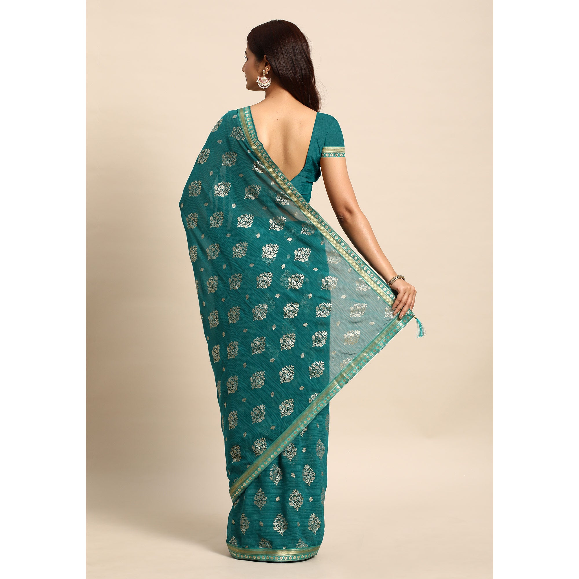 Turquoise  Floral Foil Printed Chiffon Saree With Tassels