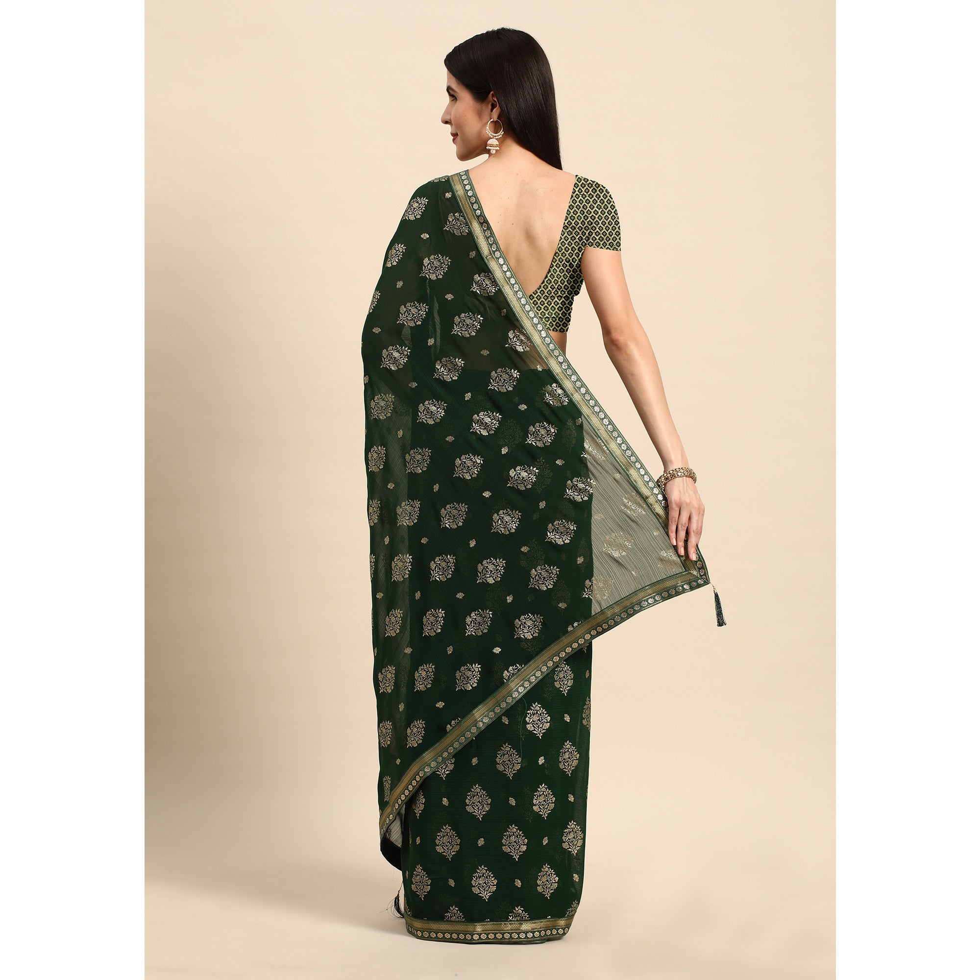 Green Floral Foil Printed Chiffon Saree With Tassels